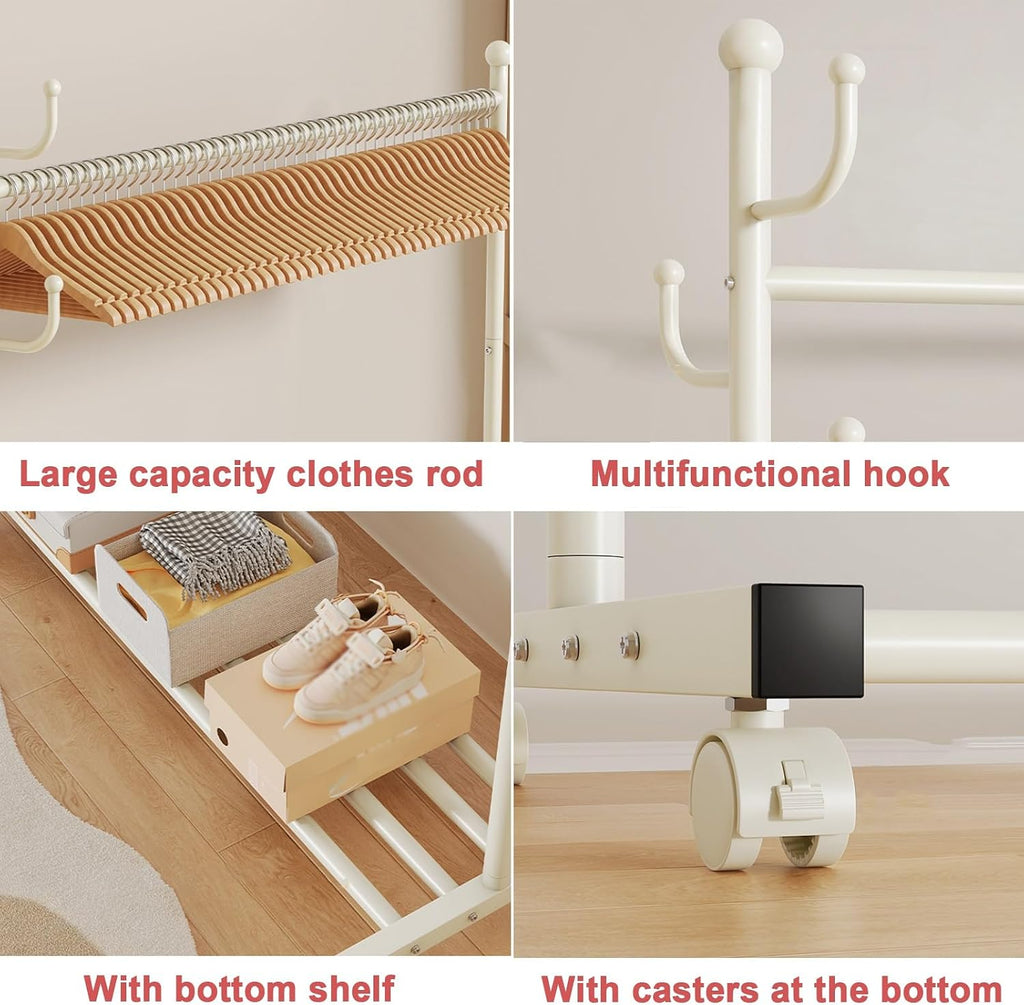 Heavy-Duty Clothes Rack,Metal Rolling Garment Racks on Wheels with Storage Shelf and Hooks,Mobile Clothing Organizer for Coats,Bags & Accessories,for Bedroom, Entryway,Black(White,100cm(39.4in))