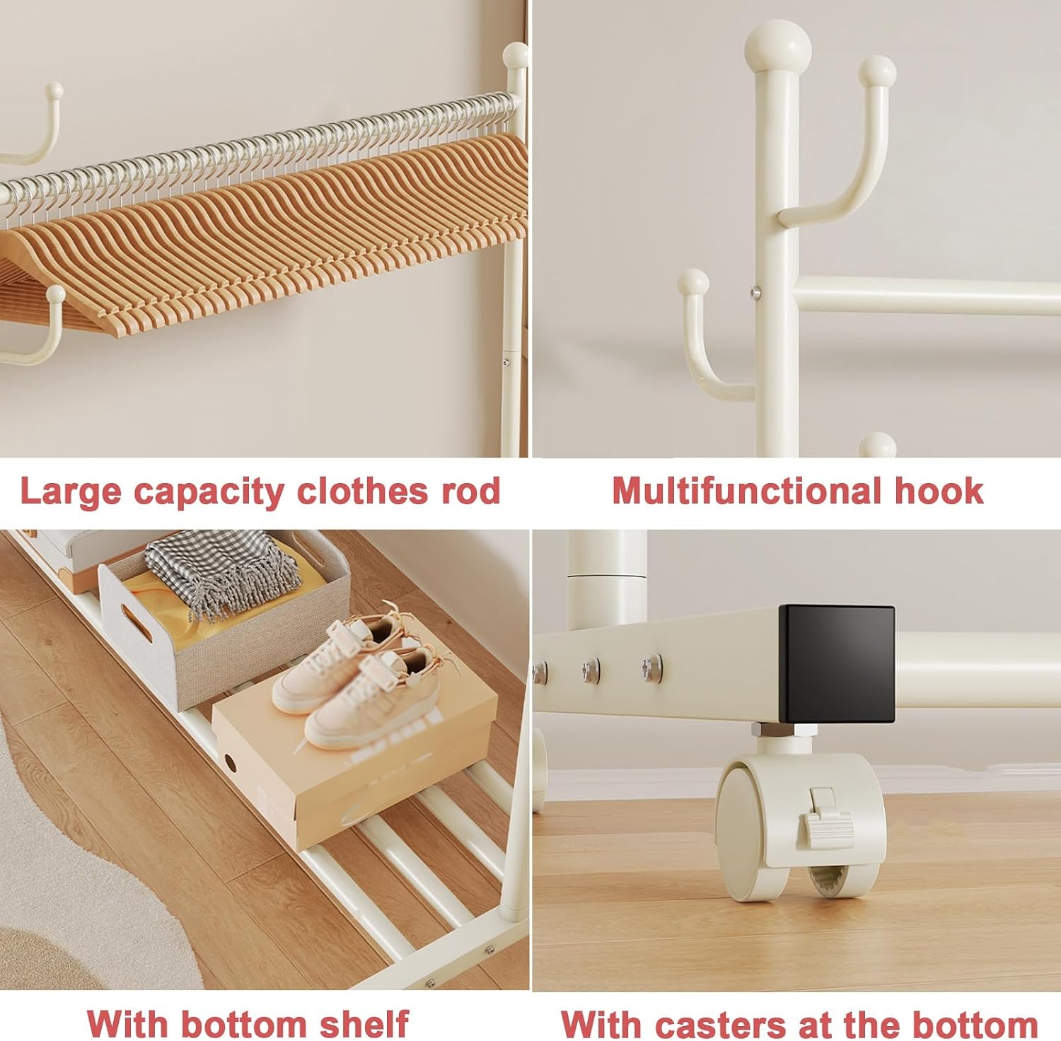 Heavy-Duty Clothes Rack,Metal Rolling Garment Racks on Wheels with Storage Shelf and Hooks,Mobile Clothing Organizer for Coats,Bags & Accessories,for Bedroom, Entryway,Black(White,60cm(23.6in))