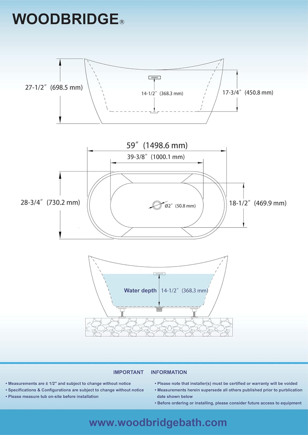 WOODBRIDGE 59' L x 28-3/4' W Freestanding Contemporary Soaking Bathtub with Matte Black Drain & Overflow, Black, B8811-MB