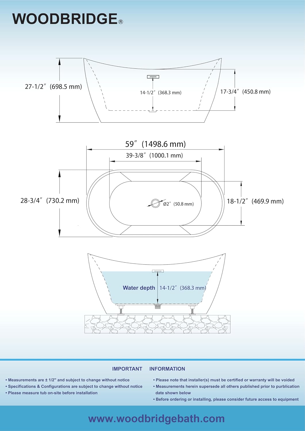 WOODBRIDGE 59' L x 28-3/4' W Freestanding Contemporary Soaking Bathtub with Matte Black Drain & Overflow, Black, B8811-MB