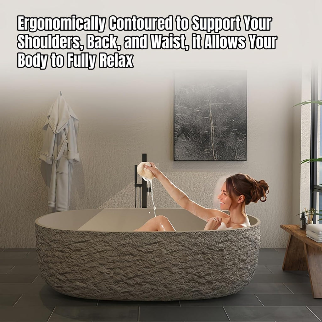 68' Edeyeu Freestanding Bathtub - Modern Solid Surface Bathtub Soaker Tub with Extra Deep Design, Durable One-Piece Stand Alone Tub for Spa-Like Soaking Experience, with Drain rock color