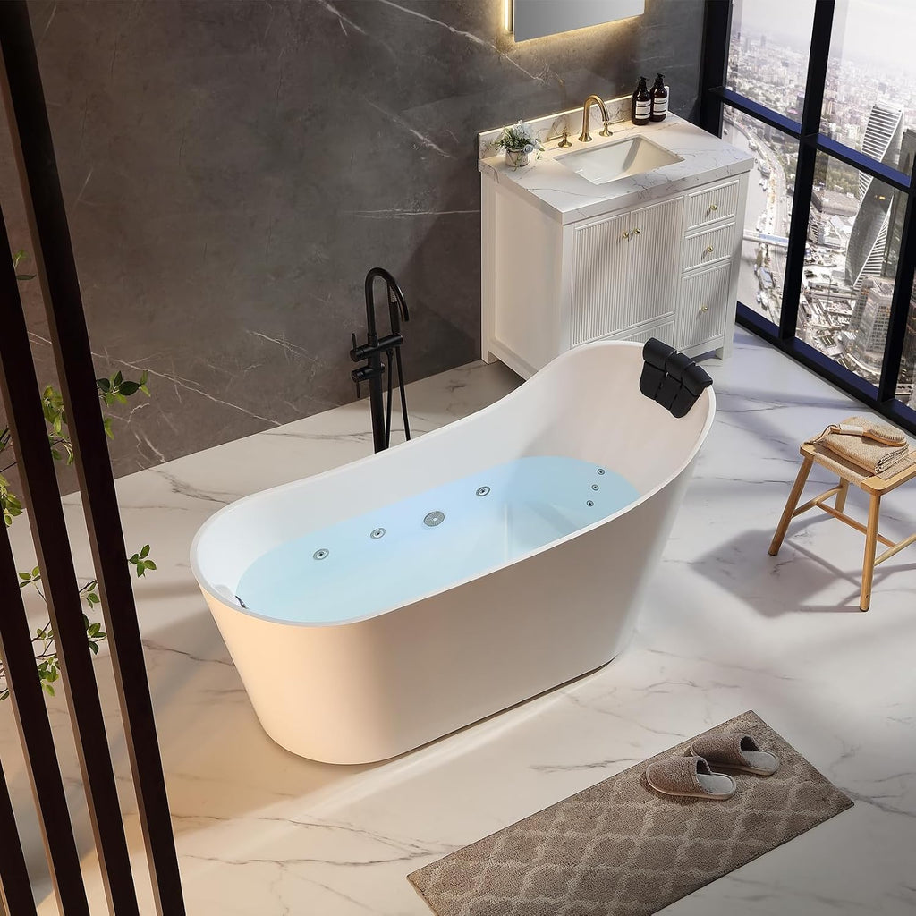Empava Upgrade Acrylic Whirlpool Bathtub, 67-Inch Freestanding Gracefully Oval Shaped Jetted Bathtub with Healing Chromotherapy, 16 Hydromassage Jets, Single-Ended Bathtubs with Pillow
