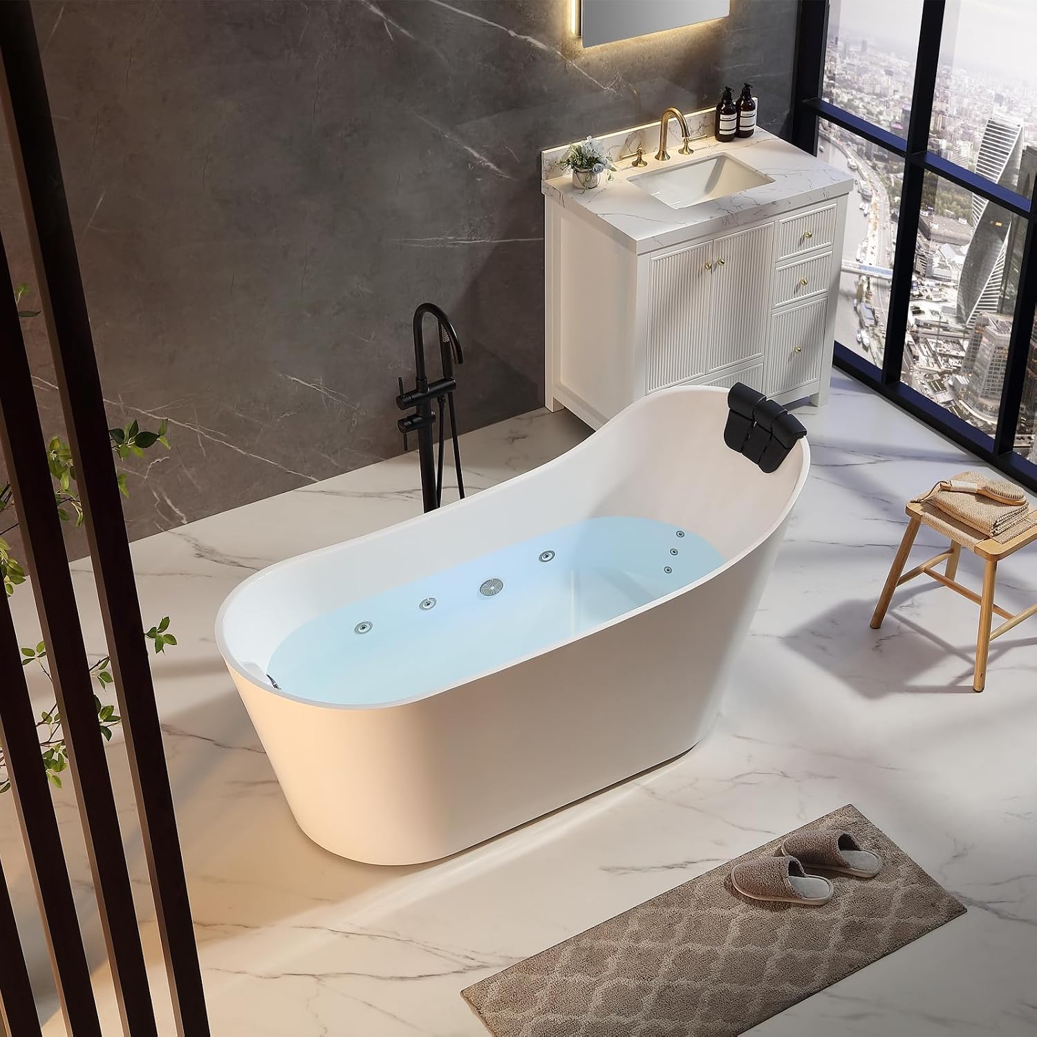 Empava Upgrade Acrylic Whirlpool Bathtub, 67-Inch Freestanding Gracefully Oval Shaped Jetted Bathtub with Healing Chromotherapy, 16 Hydromassage Jets, Single-Ended Bathtubs with Pillow