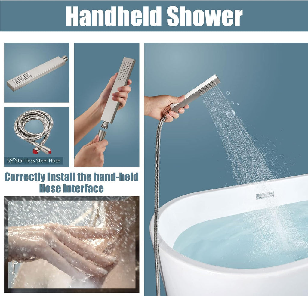 Aolemi Freestanding Bathtub Faucet Floor Mount Tub Filler Waterfall Free Standing High Flow with Handheld Shower Mixer Taps Swivel Spout Brushed Nickel