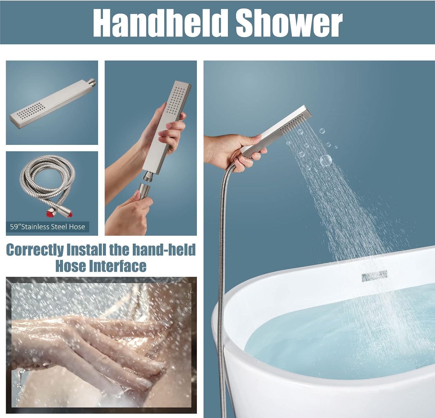 Aolemi Freestanding Bathtub Faucet Floor Mount Tub Filler with Handheld Spray Single Handle Free Standing Bathroom Faucets Swivel Curved Waterfall Spout Brushed Nickel