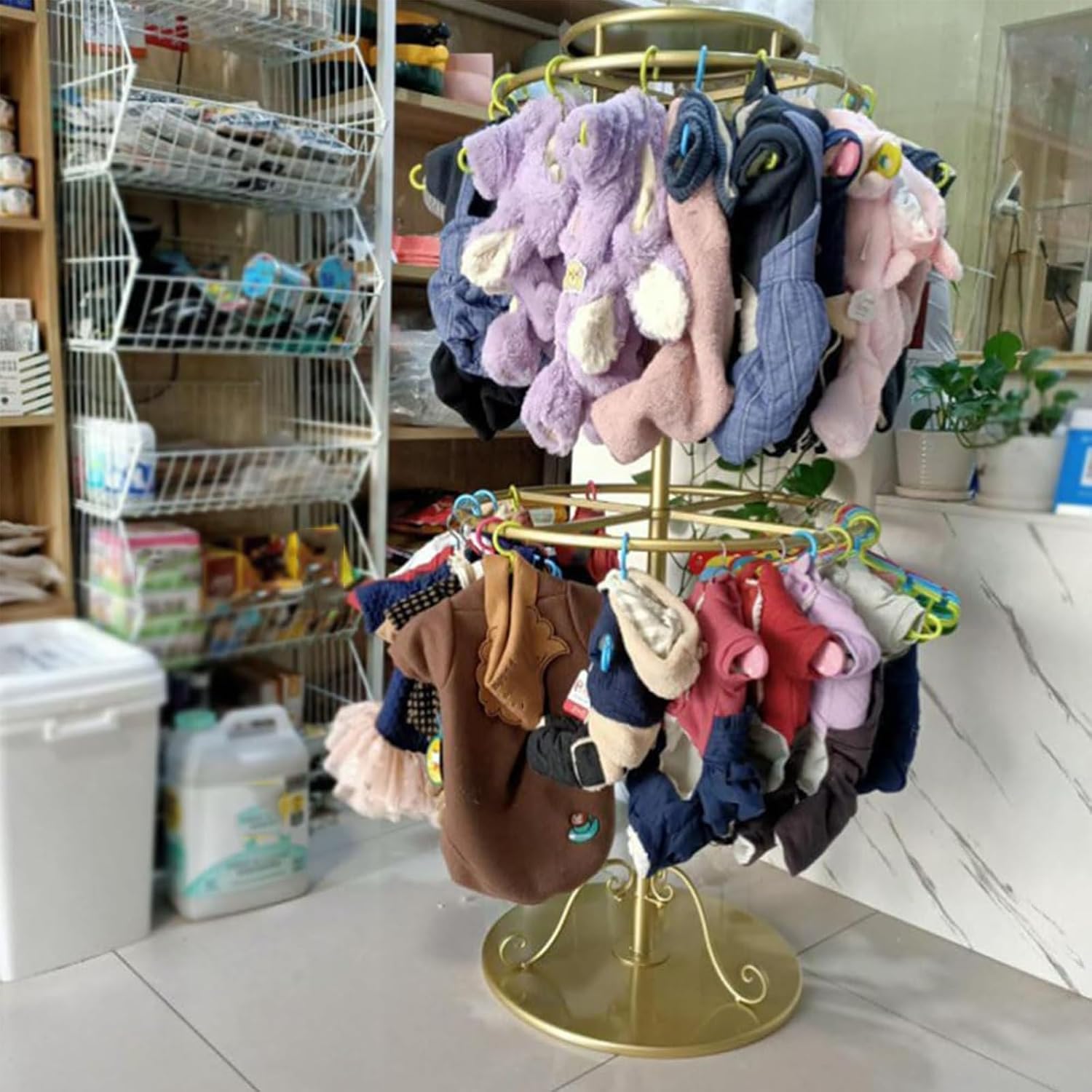 Gold Garment Rack with Casters, 360° Rotating Kids Clothing Display Rack with Top Shelf, Multi-Tier Metal Organizer for Children Clothes, Retail Boutique & Home Closet Storage