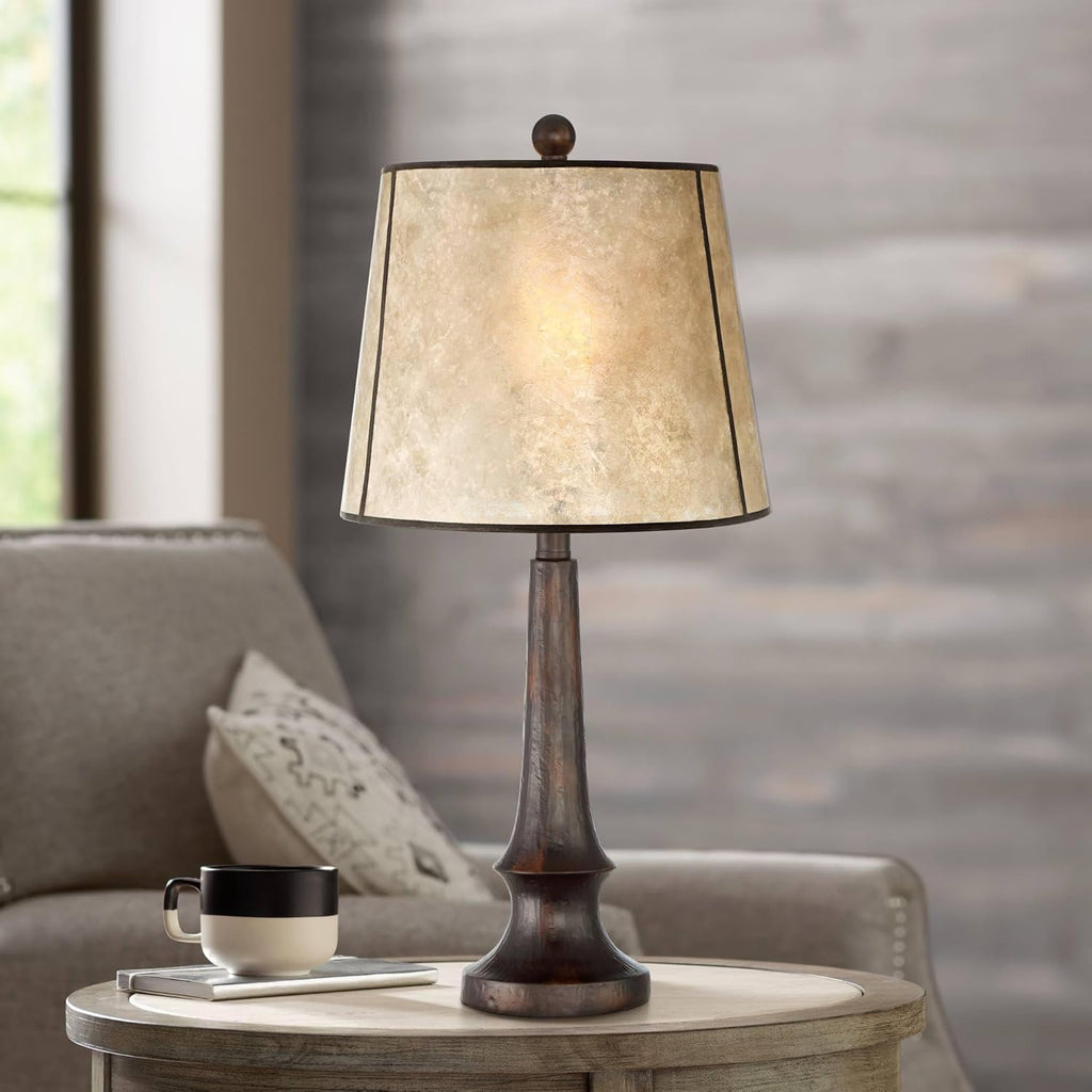 Franklin Iron Works Naomi Modern Industrial 3-Way Table Lamp 25' High with Dimmer and USB Charging Port Aged Bronze Brown Mica Drum Shade for Bedroom Living Room Desk Nightstand Bedside Night Stand