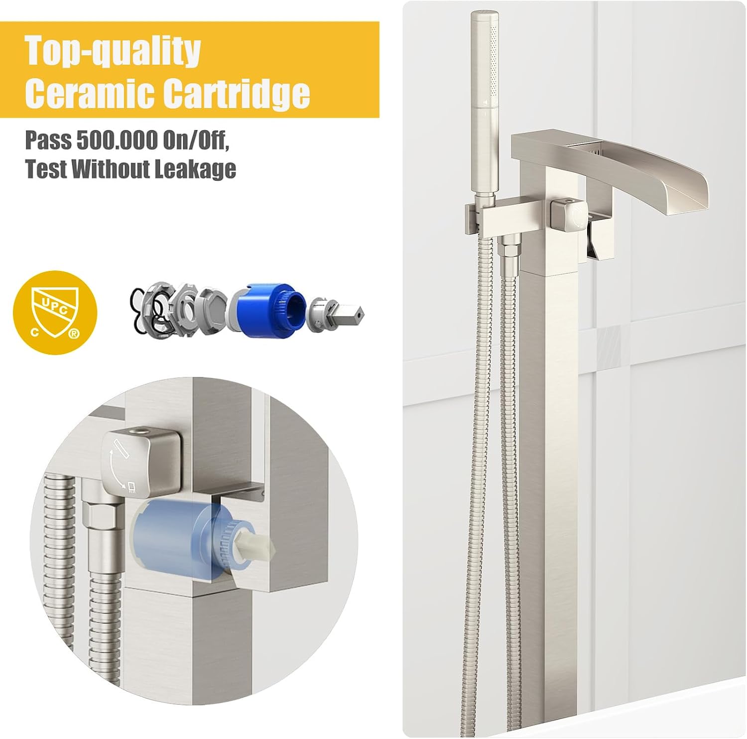 BESy Tub Filler Freestanding Bathtub Faucet Waterfall Floor Mount Brass Single Handle Bathroom Tub Faucets High Flow Bath Shower Faucets with 2 Function Handheld Sprayer Brushed Nickel