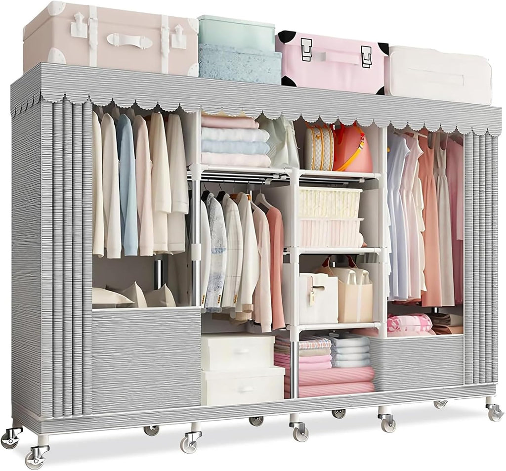 Heavy-duty Foldable Wardrobe Closet, Portable Clothing Organizer Storage Rack, Clothe Rack with Wheel W/cover