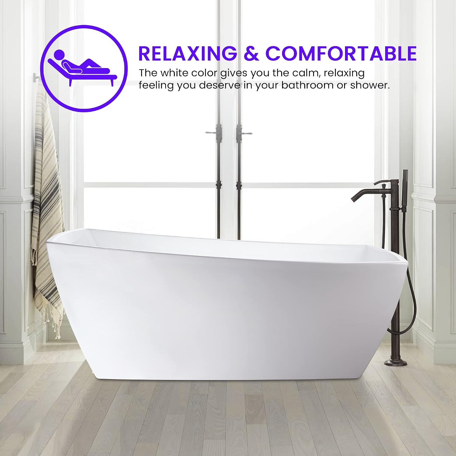 Vanity Art 67 X 31 Inch White Acrylic Freestanding Bathtub | Contemporary Design Soaking Tub with Pop-up Drain and Slotted Overflow Included, UPC Certified VA6841