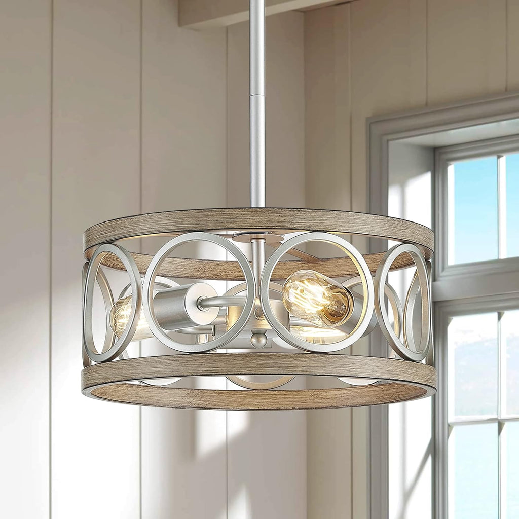 XINGQI 13' Rustic Drum Pendant Lighting Fixture Modern Chandelier 3-Light Height Adjustable Ceiling Lamp for Dining Room Kitchen Island Living Room Bedroom Foyer Hallway, Brushed Nickel