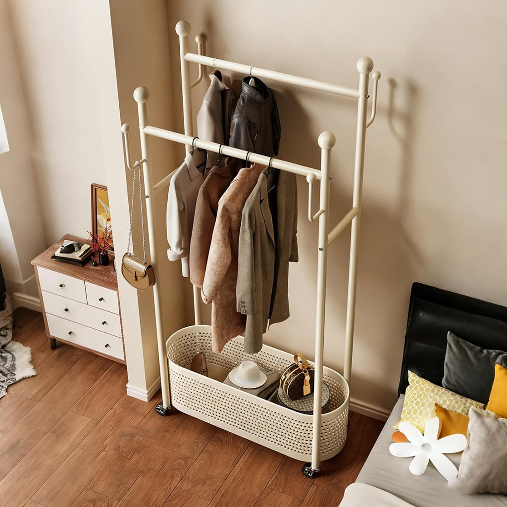 Rolling Metal Clothes Rack,Modern Garment Rack with Storage Basket – Double Rod Clothing Organizer on Wheels for Bedroom, Closet or Entryway – Coat Stand with Hooks(White,80cm(31.5in))
