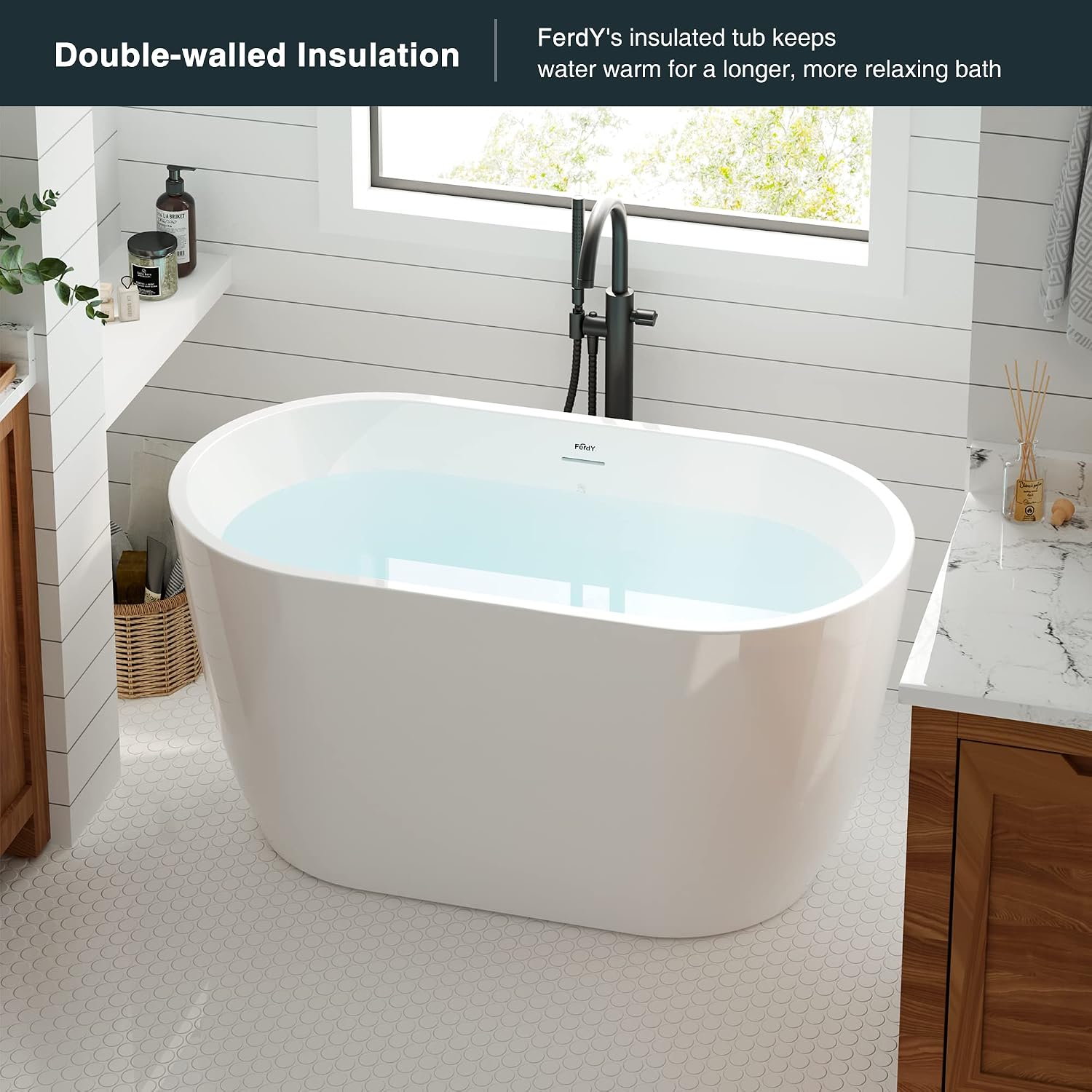 FerdY 47' Bali Acrylic Freestanding Bathtub, Gracefully Shaped Freestanding Soaking Bathtub, cUPC Certified, Brushed Nickel Drain & Bath Pillow for Bathtub,Thick Tub Pillows, Breathable 4D Air Mesh