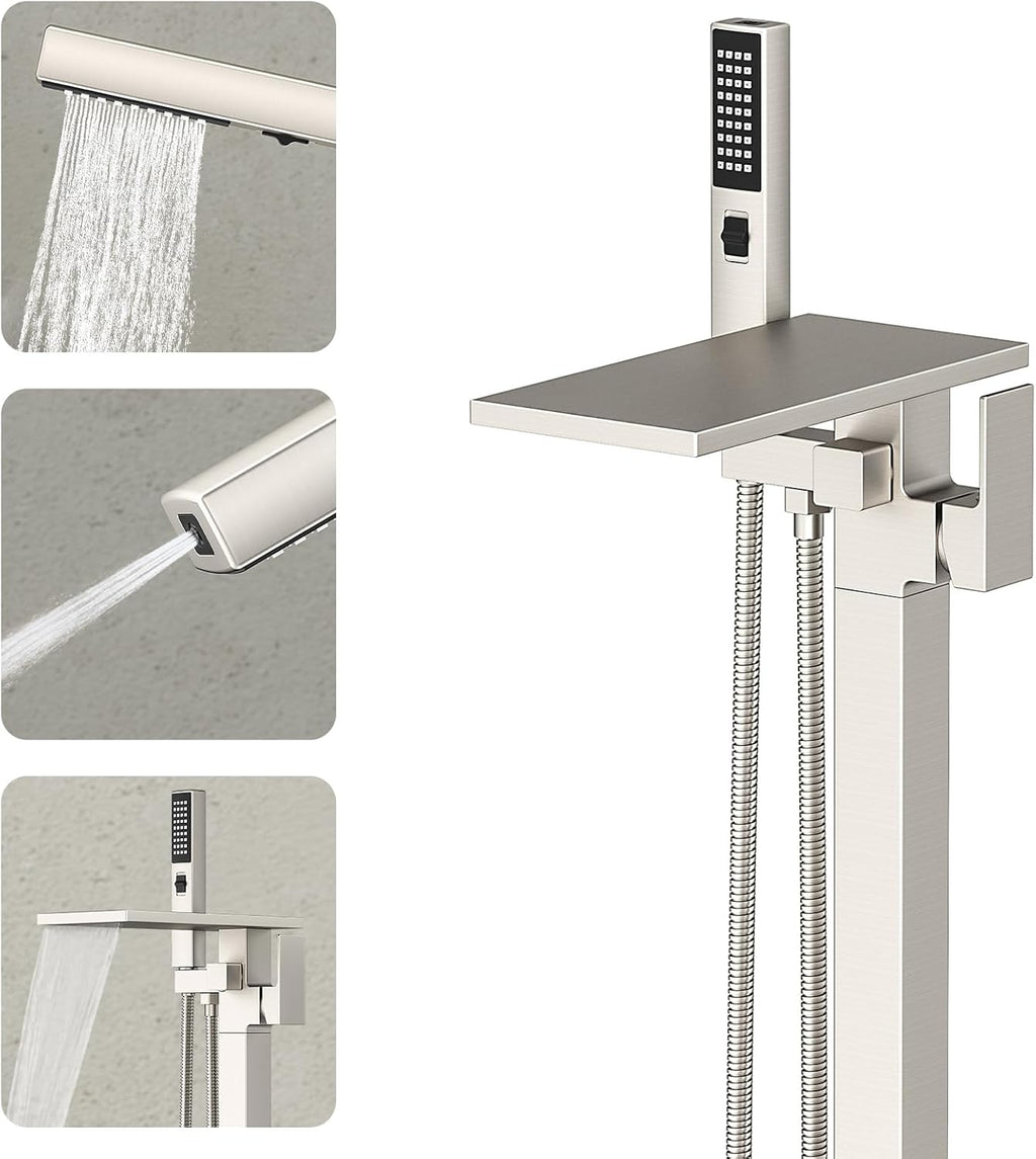 Freestanding Bathtub Faucet with Handheld Sprayer, Brushed Nickel Floor Mount Tub Filler, High Flow Waterfall Brass Bath Shower Faucet for Modern Bathroom