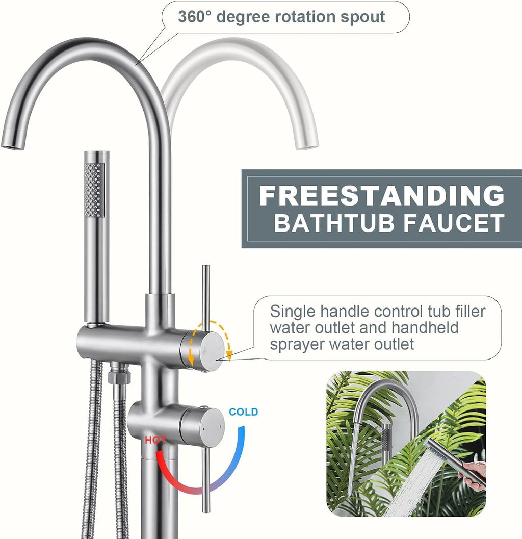 Freestanding Tub Filler Faucet, Floor Mount Brushed Nickel Bathtub Faucet with Single Handheld Shower, Brass Shower Tub Faucet Set Complete, Bathtub Faucet with Shower