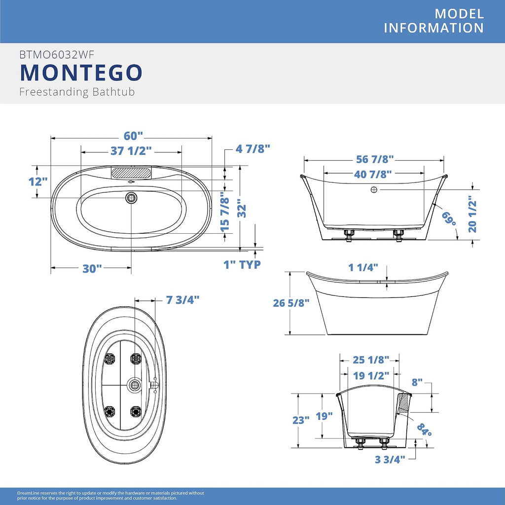 DreamLine Montego 60 inch L x 27 inch H White Acrylic Freestanding Bathtub