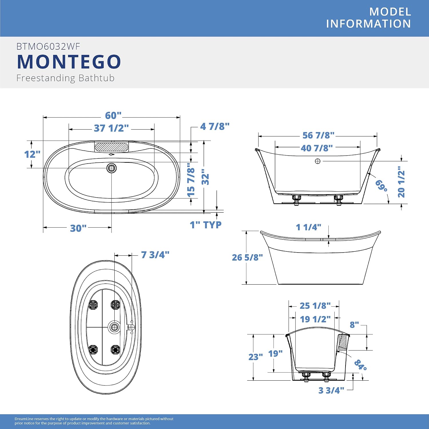 DreamLine Montego 60 inch L x 27 inch H White Acrylic Freestanding Bathtub