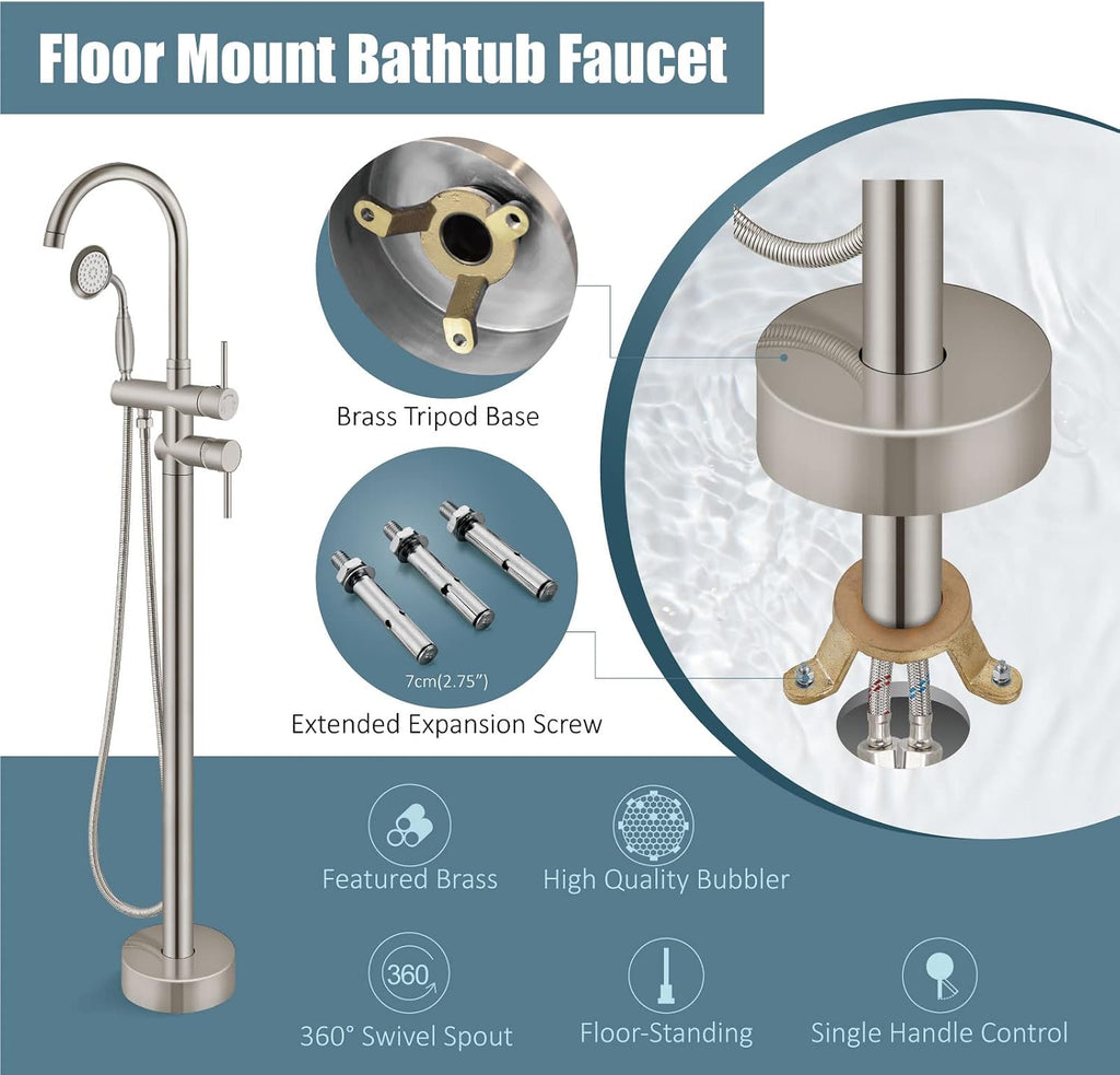 Aolemi Floor Mount Bathtub Faucet Freestanding Tub Filler Standing High Flow Shower Faucets with Vintage Handheld Brushed Nickel