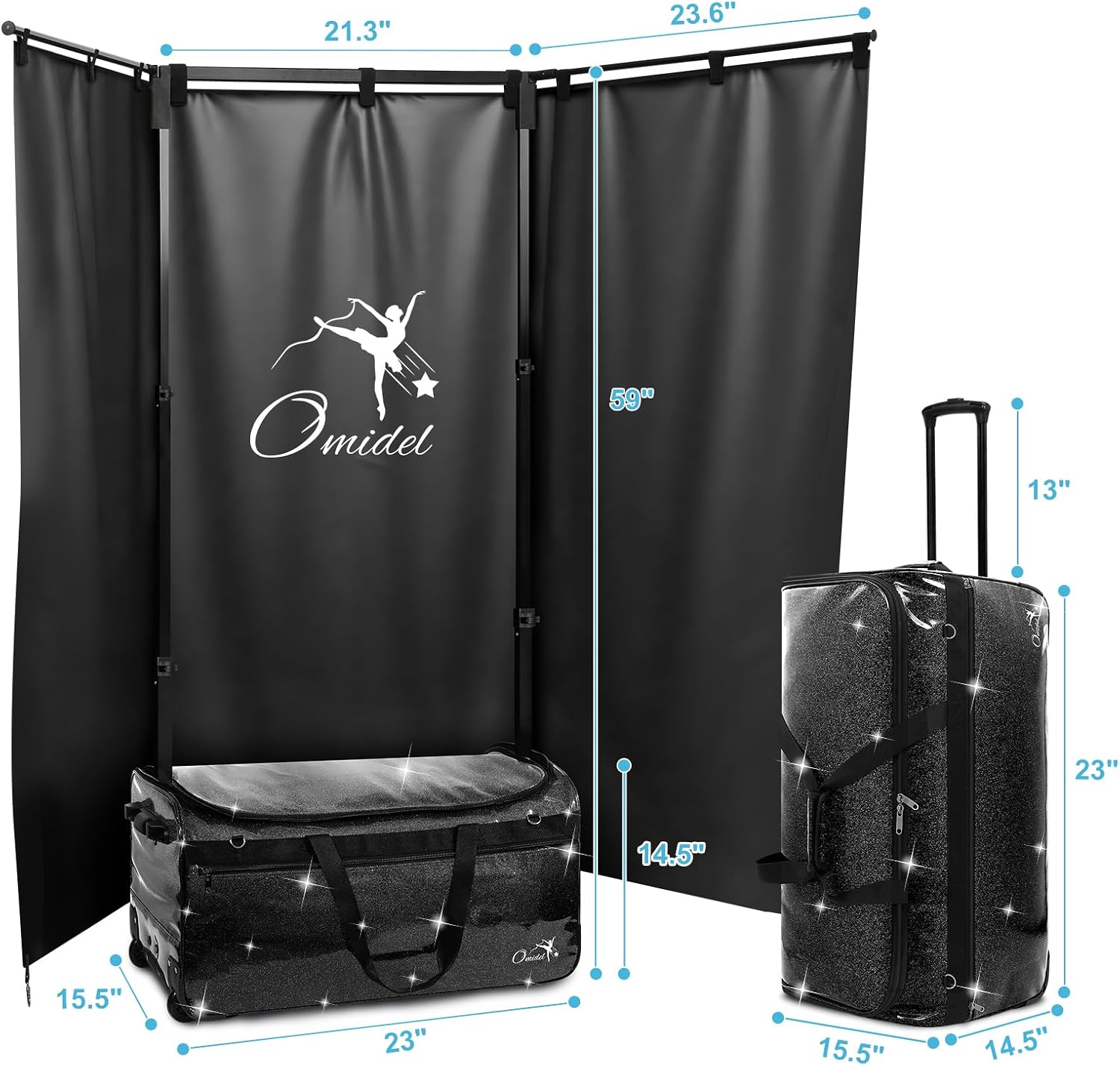 Dance Bag with Garment Rack and Curtain | 23' Sparkling Dance Competition Duffle Bag with Rack & Wheels | Upgraded Stable System | Ideal Rolling Dance Suitcase for Dancer Cheerleader Gymnast Traveler