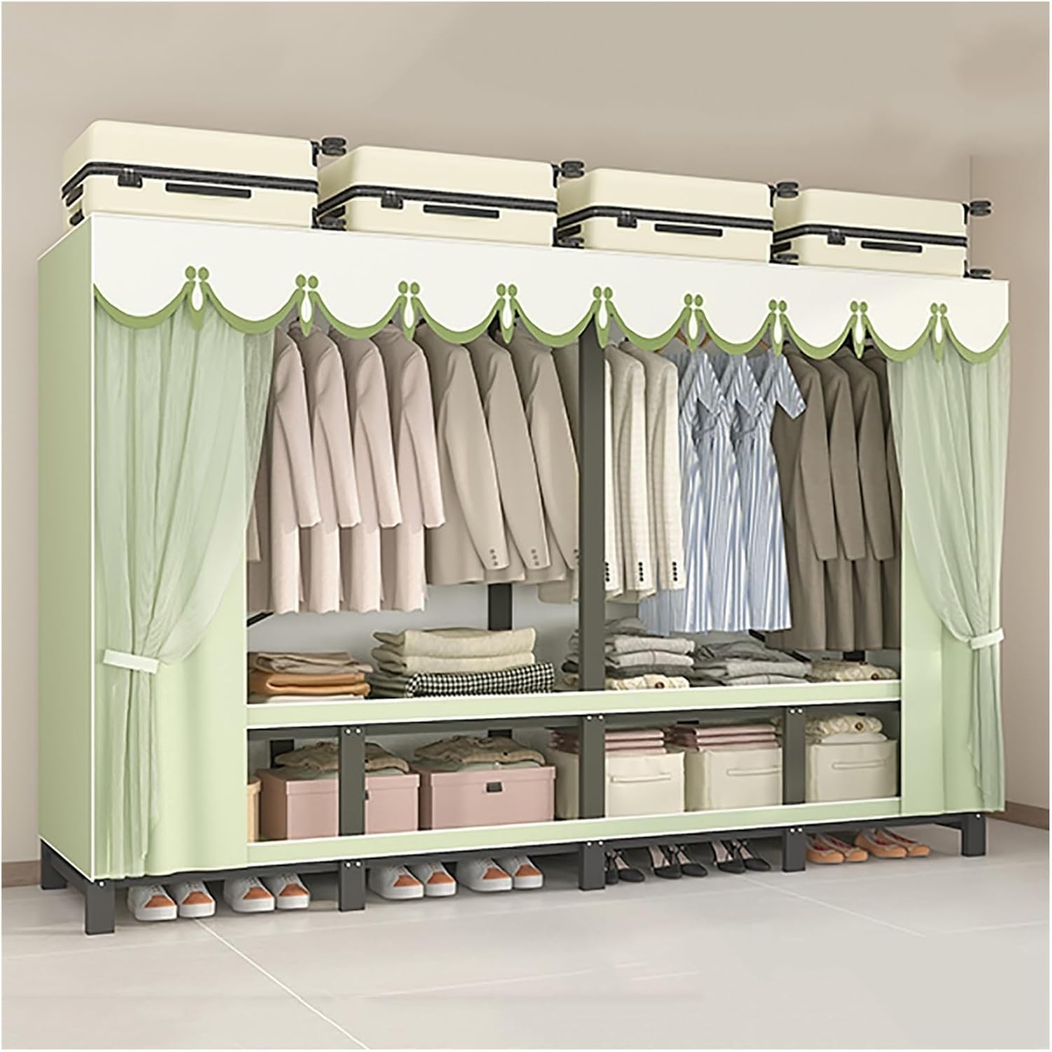Heavy Duty Portable Wardrobe Closet With Cover, Metal Clothing Rack Organizer For Bedroom, Foldable Garment Rack With Hanging Rods, Clothes Rack For Bedroom(Green,150cm/59.1inch)
