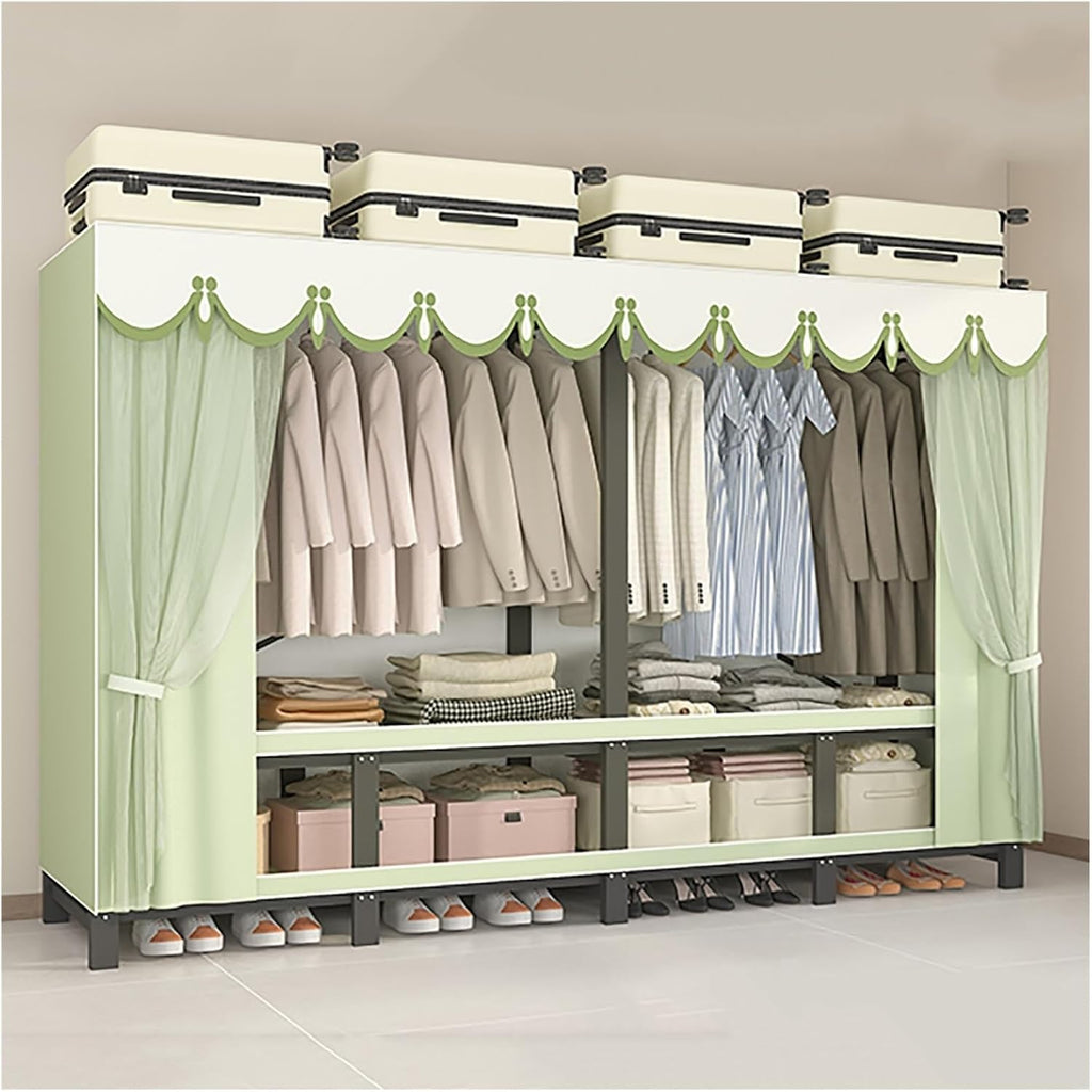 Heavy Duty Portable Wardrobe Closet With Cover, Metal Clothing Rack Organizer For Bedroom, Foldable Garment Rack With Hanging Rods, Clothes Rack For Bedroom(Green,190cm/74.8inch)