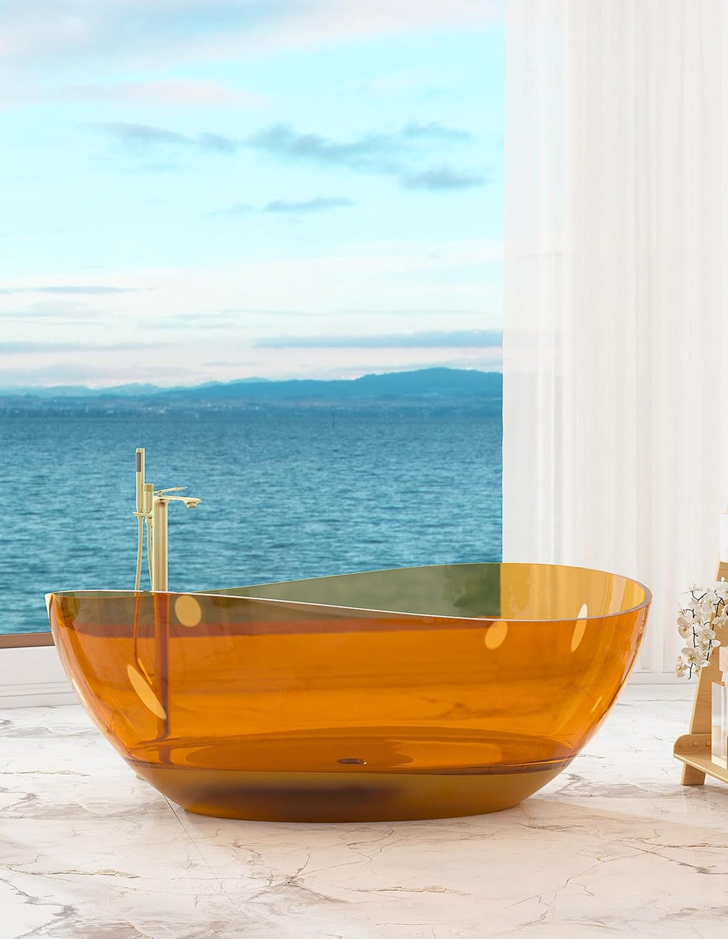 CASAINC 63' Freestanding Bathtub Transparent Resin Soaking Tub Modern Oval Design Stand Alone Tub with Pop-up Drain, 65.52 Gallons Water Storage Capacity and 385 MM Soaking Depth, Transparent Coffee