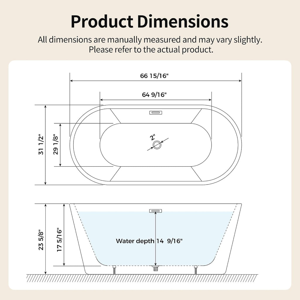 DeerValley 67' Acrylic Freestanding Bathtub, Deep Soaking Tub with Center Drain & Integrated Overflow, White Free Standing Tub, Stand alone Shower Tub with Ergonomic Design, DV-1T133S