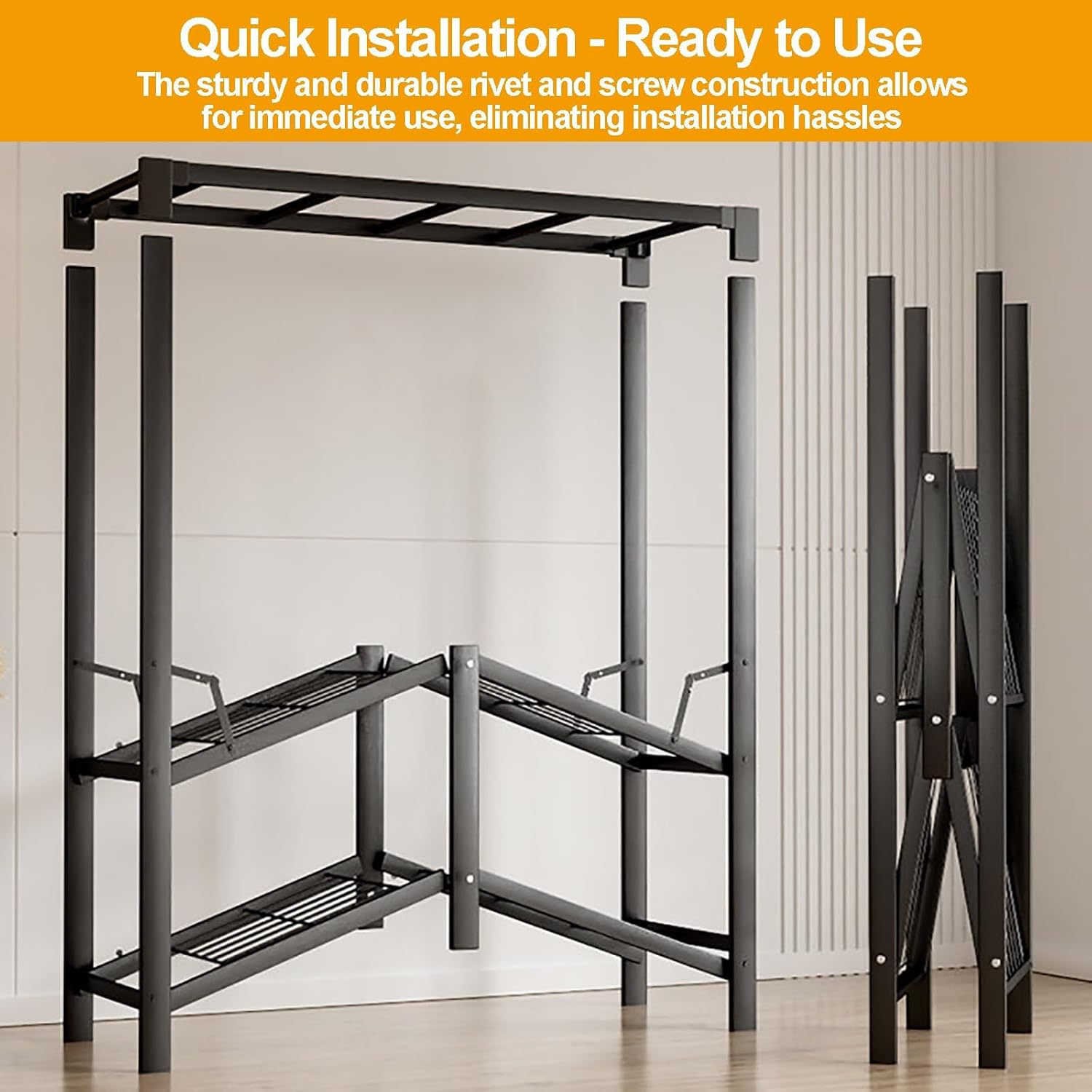 Foldable Closet With Cover,Heavy Duty Clothes Rack,Portable Wardrobe Closet For Hanging Clothing,Black Metal Garment Rack, Freestanding Covered Armoire Coat Storage(Plaid,160x48x172cm)