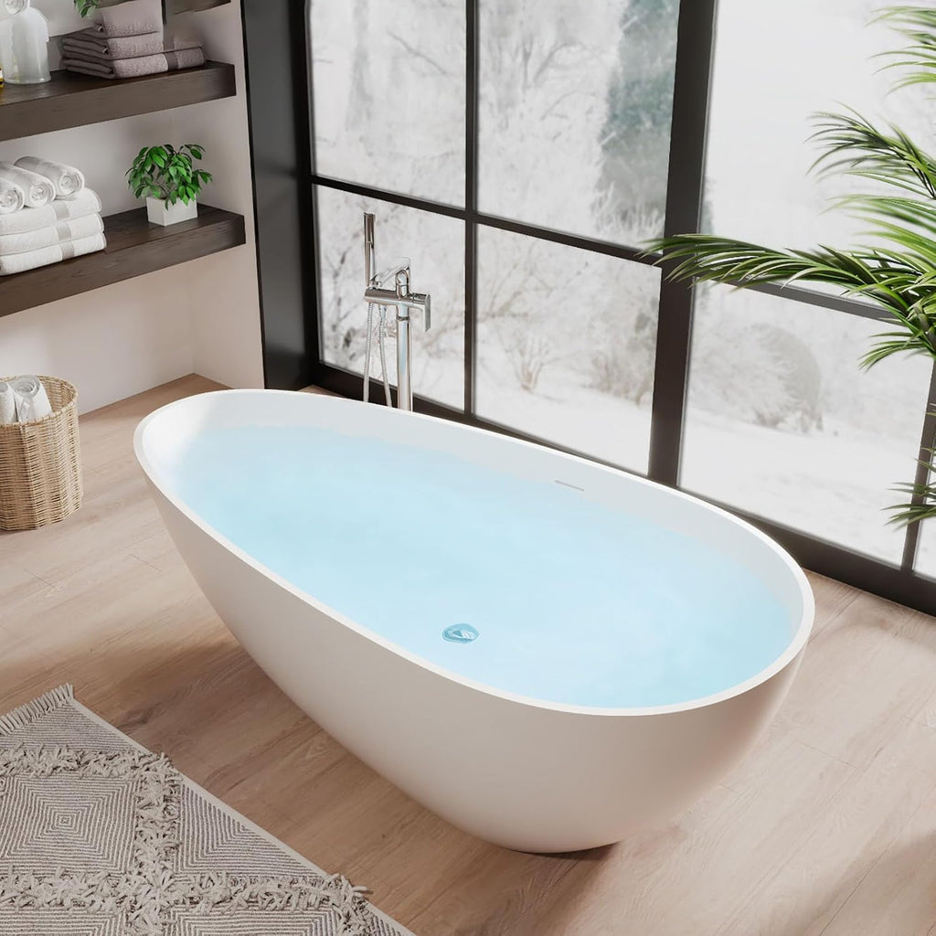 67' Freestanding Bathtub, Solid Surface Soaking Tub - Oval Egg Shell Stone Resin with Pop-Up Drain & Overflow, CUPC Certified Matte White Deep Soaking Tub with Ergonomic Design for Luxury Bathroom