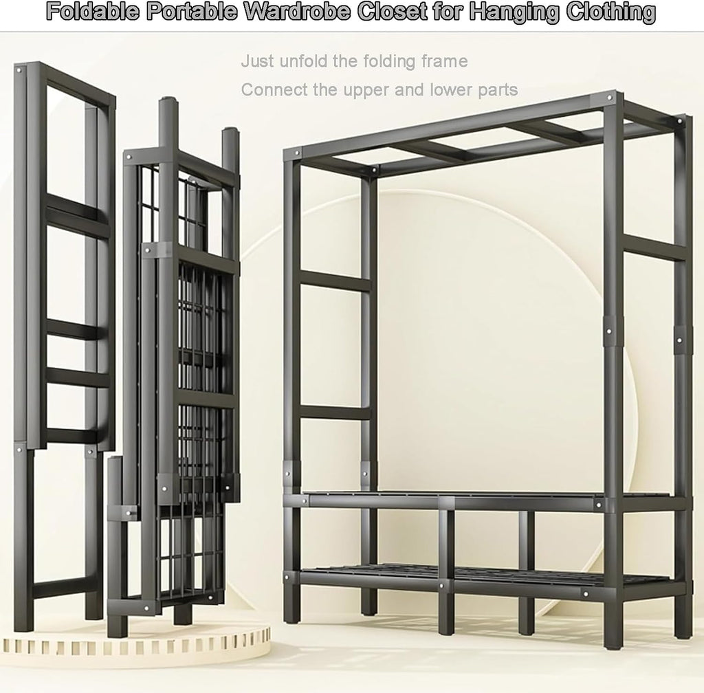 Heavy Duty Portable Closet with Cover Foldable Clothes Rack Armoire Wardrobe Closet Garment Racks(150cm/59in)