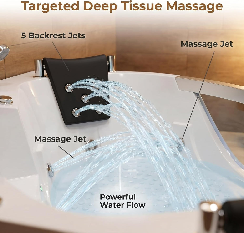 59' Corner Whirlpool Bathtub with 20 Multi-Directional Jets, 110-Gallon Capacity & LED Chromotherapy Ambient Lighting for Spa-Like Relaxation
