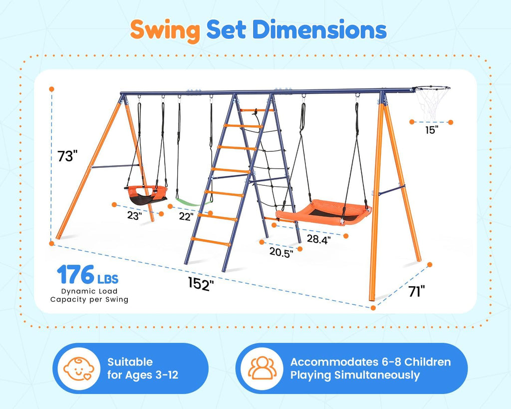 Swing Sets for Backyard, 6 in 1 Swing Set Outdoor for Kids 3-12, 700 lbs Heavy Duty Metal Toddler Playset Swingset for Playground with 3 Adjustable Swings, Basketball Hoop, Climbing Ladder and Nets