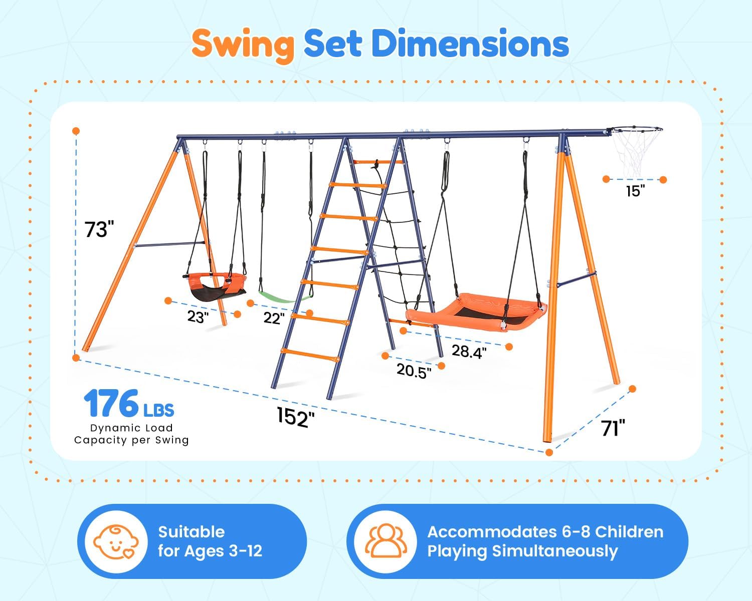 Swing Sets for Backyard, 6 in 1 Swing Set Outdoor for Kids 3-12, 700 lbs Heavy Duty Metal Toddler Playset Swingset for Playground with 3 Adjustable Swings, Basketball Hoop, Climbing Ladder and Nets