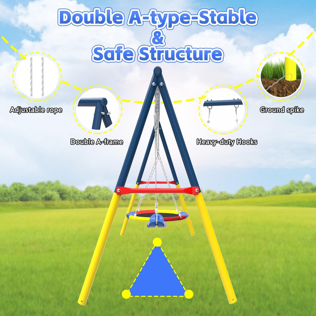 Swing Set for Backyard with Stand, Playground Swing Heavy Duty 440lbs Metal Outdoor Swing Stand, Contain 1 Saucer 32' & 1 Belt seat 26.2' - Backyard Playset