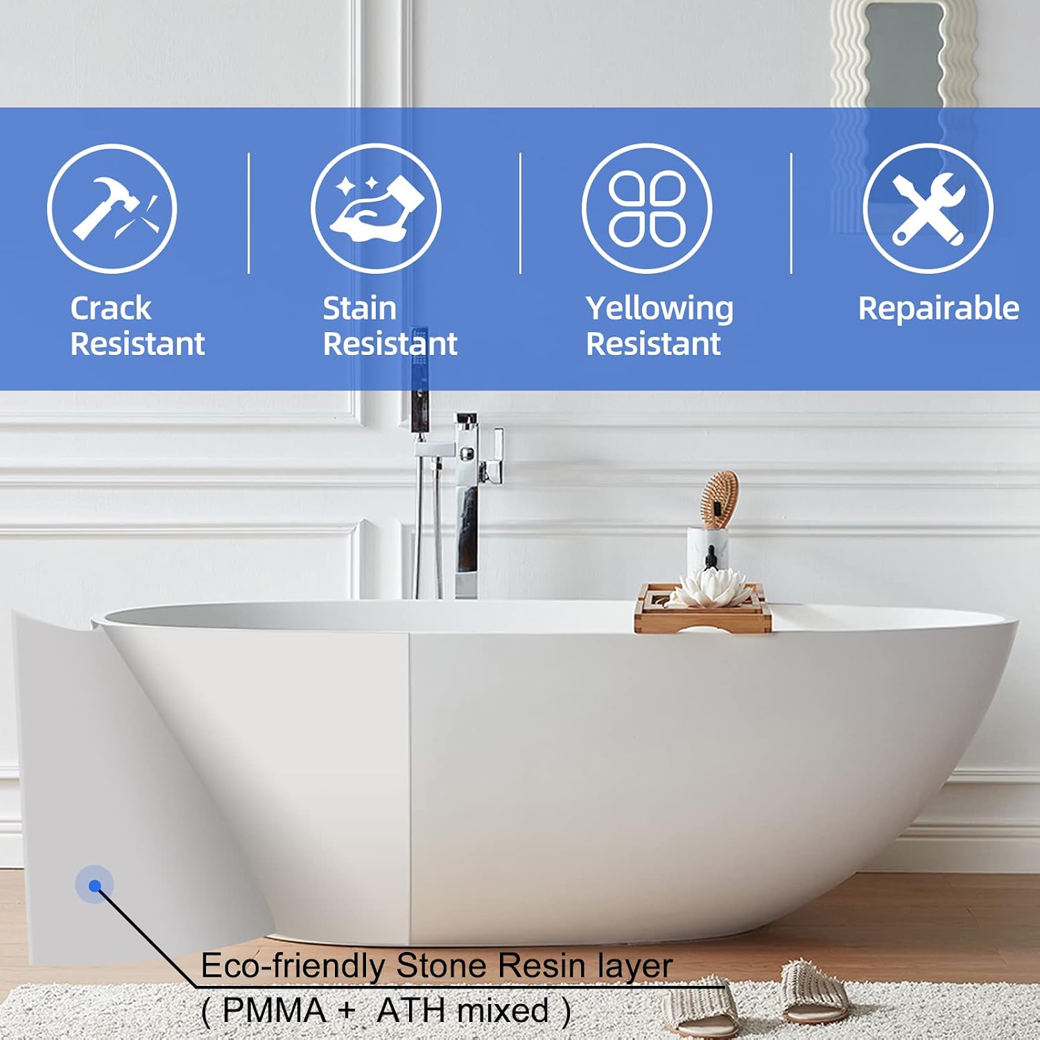 Cpingao Solid Surface Freestanding Bathtub 59 inch, Egg Shell Shaped Stone Resin Freestanding Tubs, Contemporary Oval Soaking Tub with Overflow and Pop-up Drain, Matte White 8802-1500