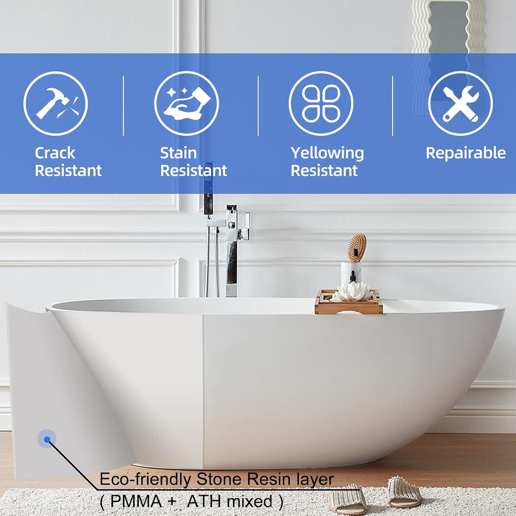 Cpingao 55' Stone Resin Bathtub Freestanding Bathtub, Egg Oval Shaped Matte White Solid Surface Soaking Bathtub, Modern Stand Alone Tub with Overflow and Pop-up Drain 8802-1400