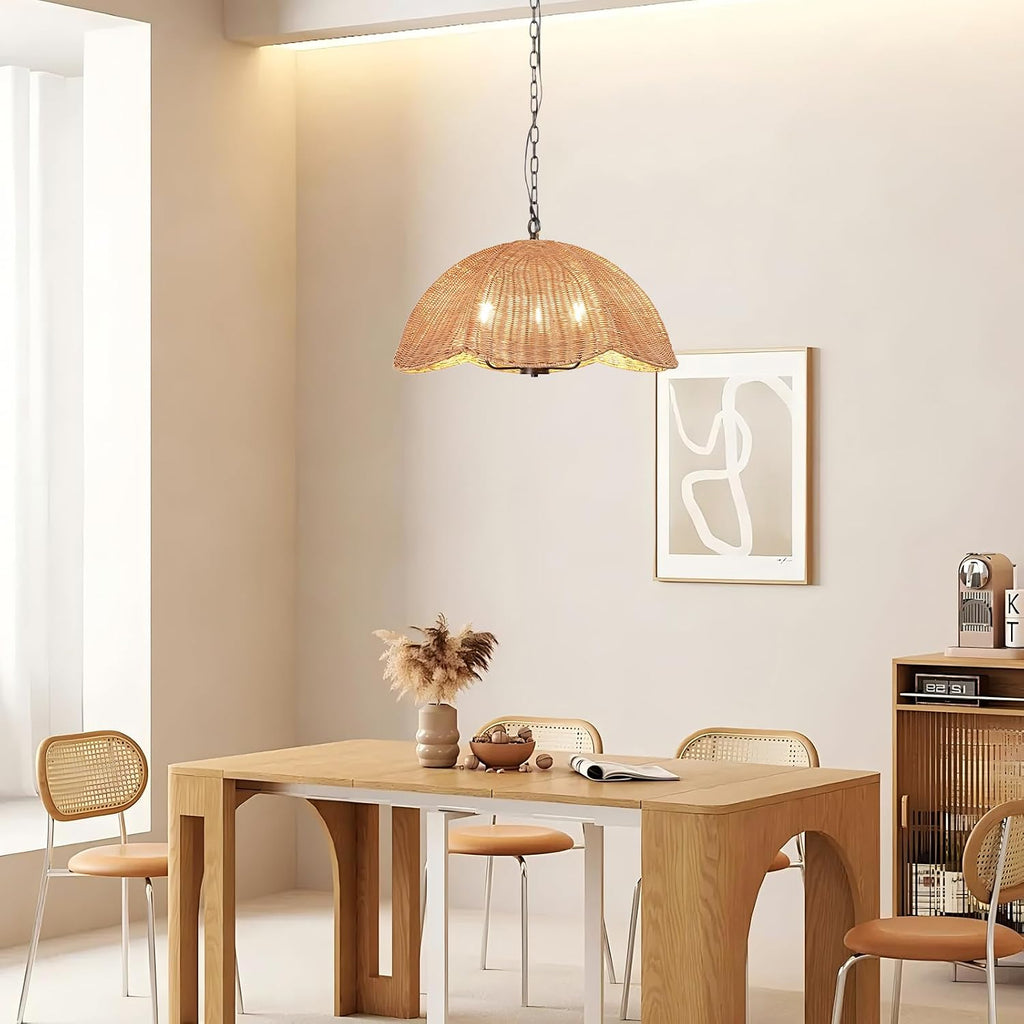 ocioc Rattan Pendant Lighting,23.6' Kitchen Island Hanging Light Fixtures,Large Boho Hand-Woven Chanderlier, E26 Farmhouse Retro Ceiling Chandelier 3-Lights for Dining Room Kitchen Island Living Room