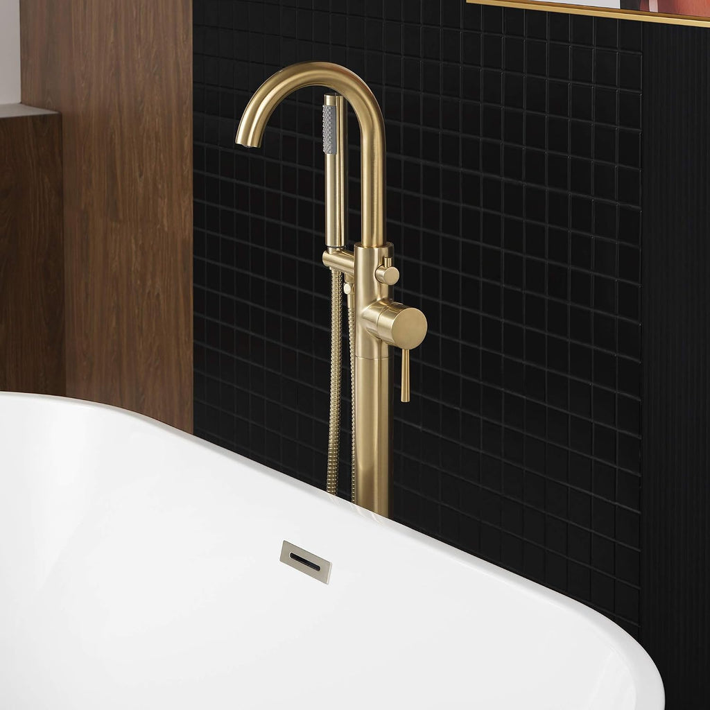 WOODBRIDGE F0007 BG Freestanding Tub Filler Bathtub Floor Mount Brass Bathroom Faucets with Hand Shower, F-0007 Golden, Brushed Gold