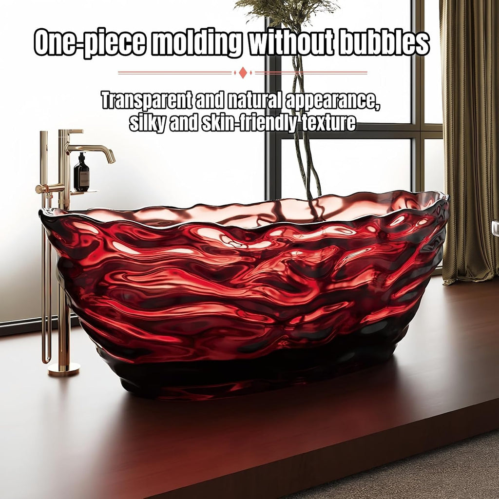 60' Edeyeu Freestanding Bathtub - Extra Deep Soaking Tub with Crystal Resin Design, Free Standing Bathtub Solid Surface, Durable Soaker Tub Easy to Clean with Drain Transparent