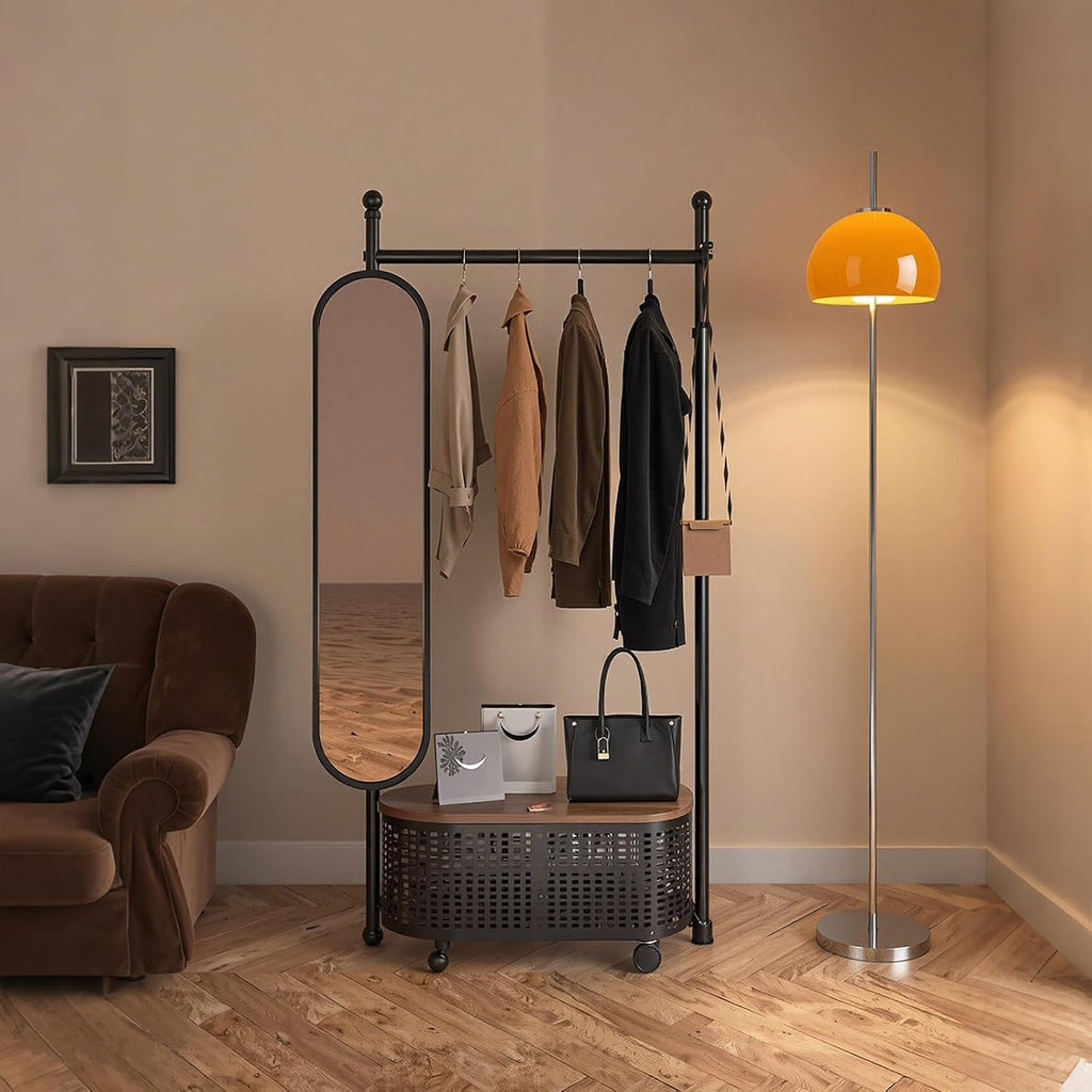 Clothes Rack With Storage Shelves,Rolling Garment Rack With Hooks,Multifunctional Metal Closet Racks For Hanging Clothes,For Bedroom,Living Room(Black,80cm/31.5in)
