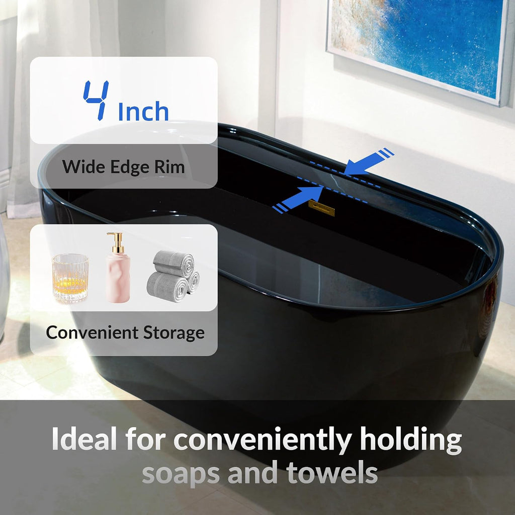 WOODBRIDGE 59' L x 31-1/2' W Freestanding Contemporary Acrylic Soaking Bathtub in Glossy Black Inside and Outside with Brushed Gold Drain & Overflow,B8864-BG