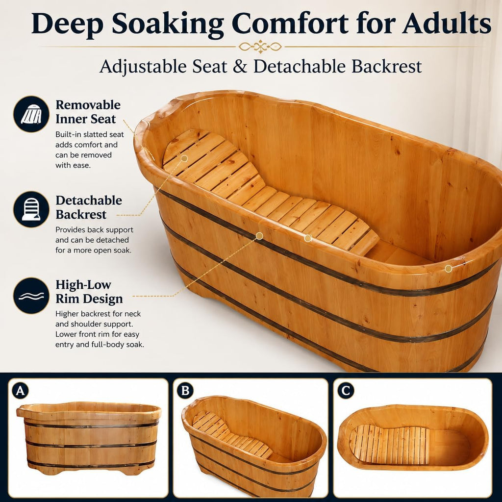 53' Japanese Style Wooden Soaking Tub, Solid Cedar Freestanding Bathtub for Adults, Deep Spa Bath Tub with Headrest & Flexible Drain Hose