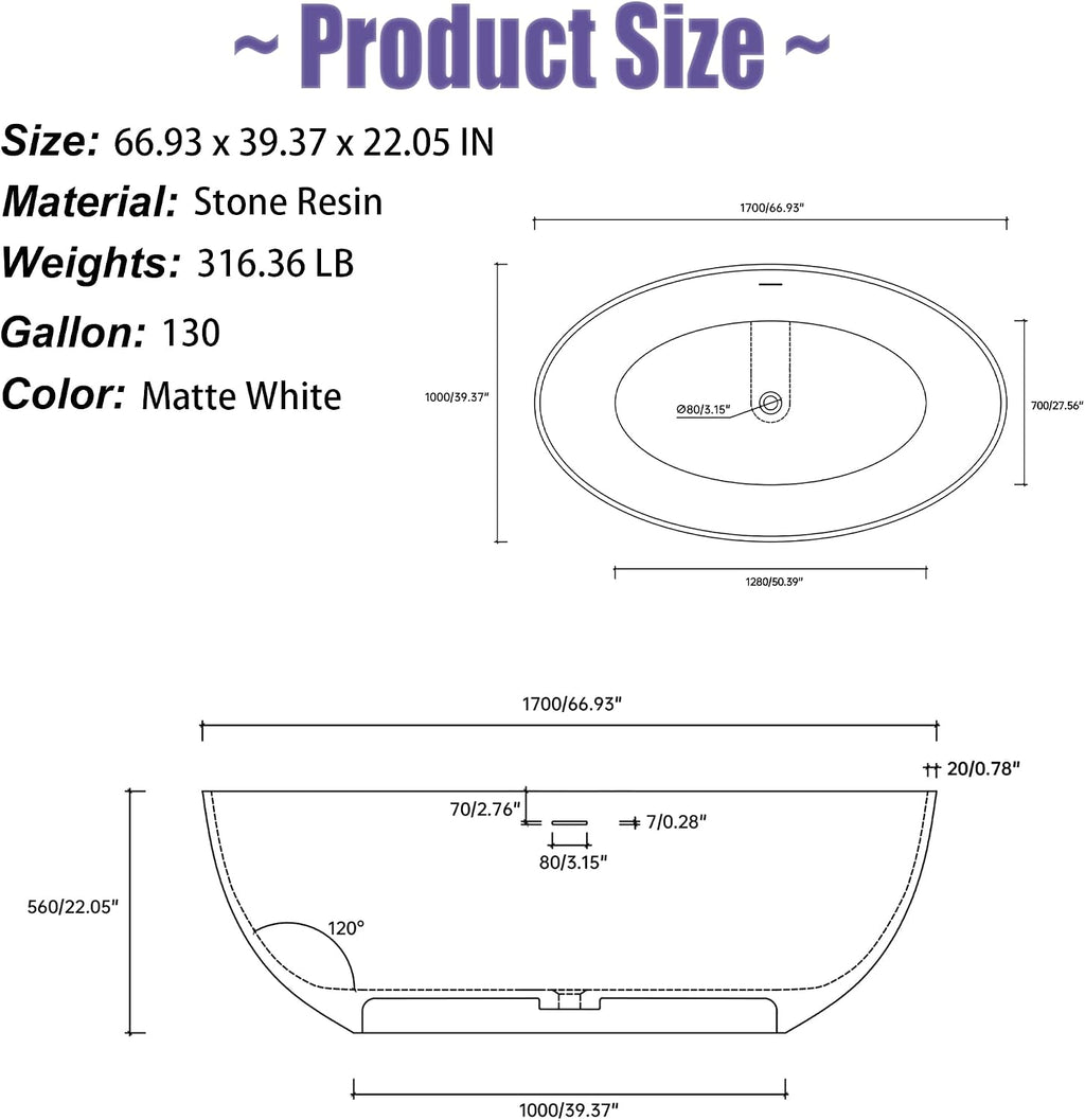 67' x 39' Freestanding Solid Surface Resin Stone Bathtub, Modern Design Stand Alone Tub with Pop Up Drain and Overflow, Matte White 301MW1700