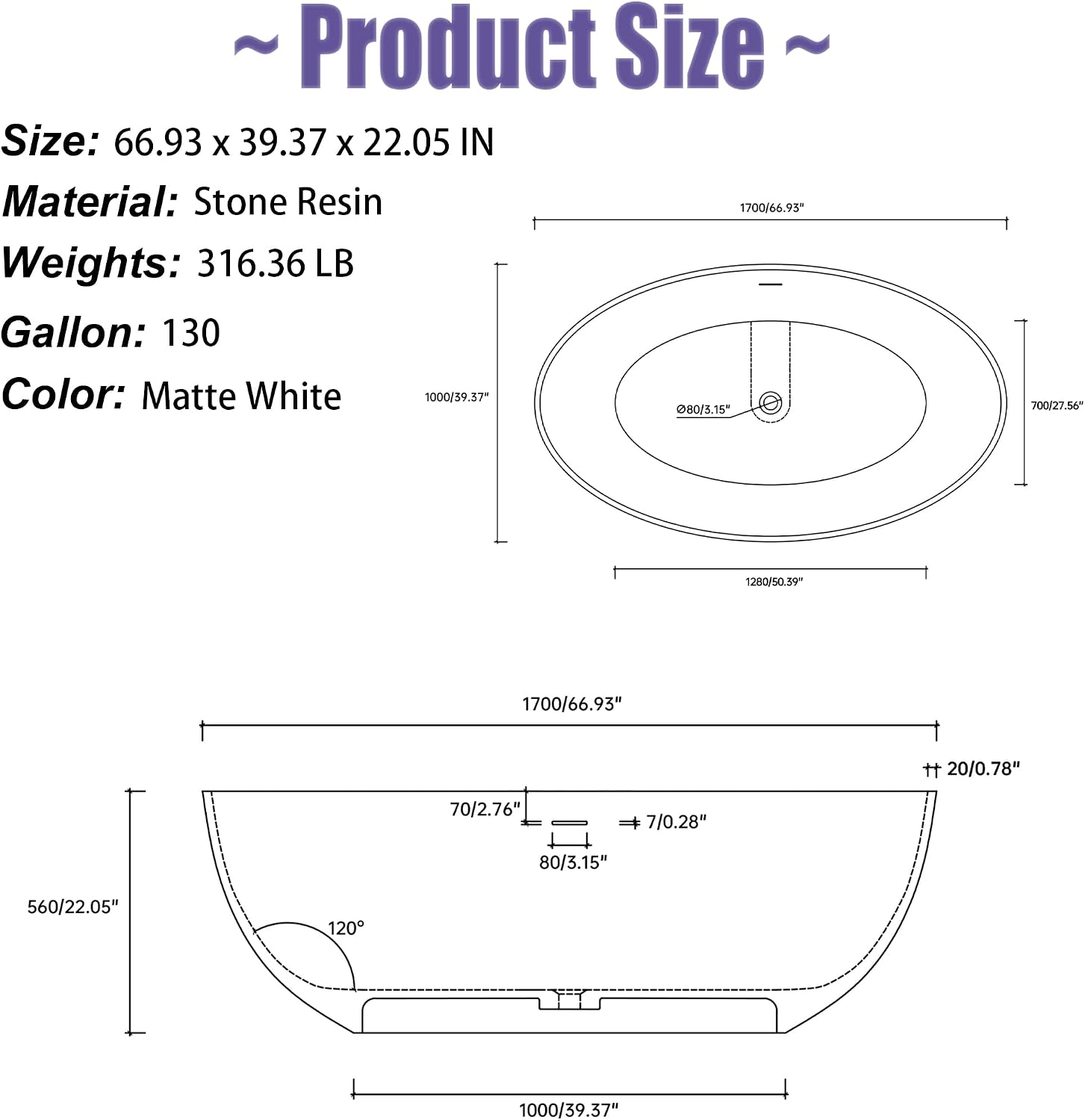 67' x 39' Freestanding Solid Surface Resin Stone Bathtub, Modern Design Stand Alone Tub with Pop Up Drain and Overflow, Matte White 301MW1700
