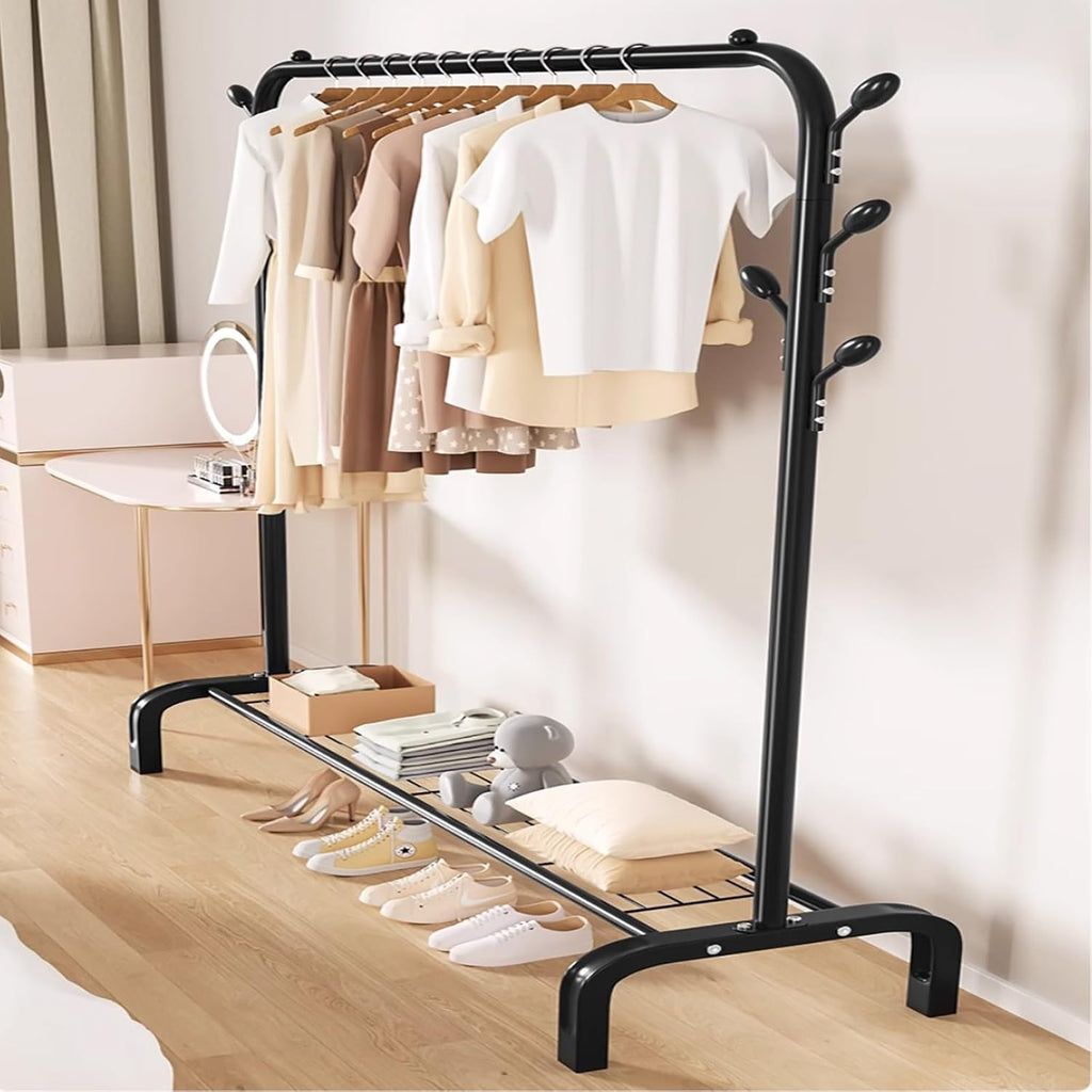 Clothes Rack,Clothing Rack For Hanging Clothes,Metal Garment Rack With Storage Shelf,Free Standing Multi-Functional Coat Rack With Hooks,Black(130cm/51.2in)