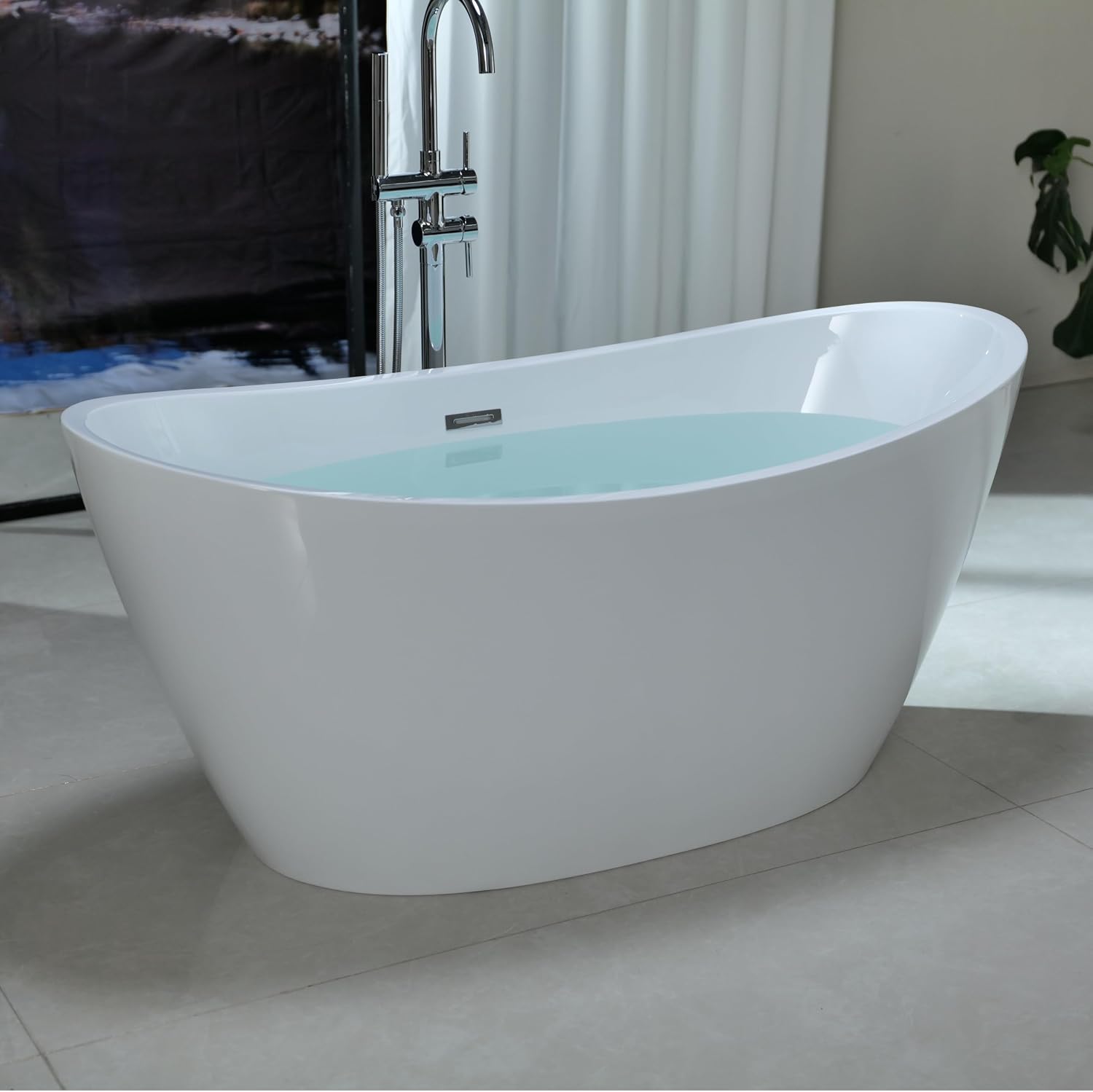 Empava 59' Freestanding Bathtub – Deep Soaking Acrylic Tub for Small Bathroom, Non-Slip Flatbottom, Stress Relief Home Spa, Brushed Nickel Drain & Overflow, Single Adult, Glossy White