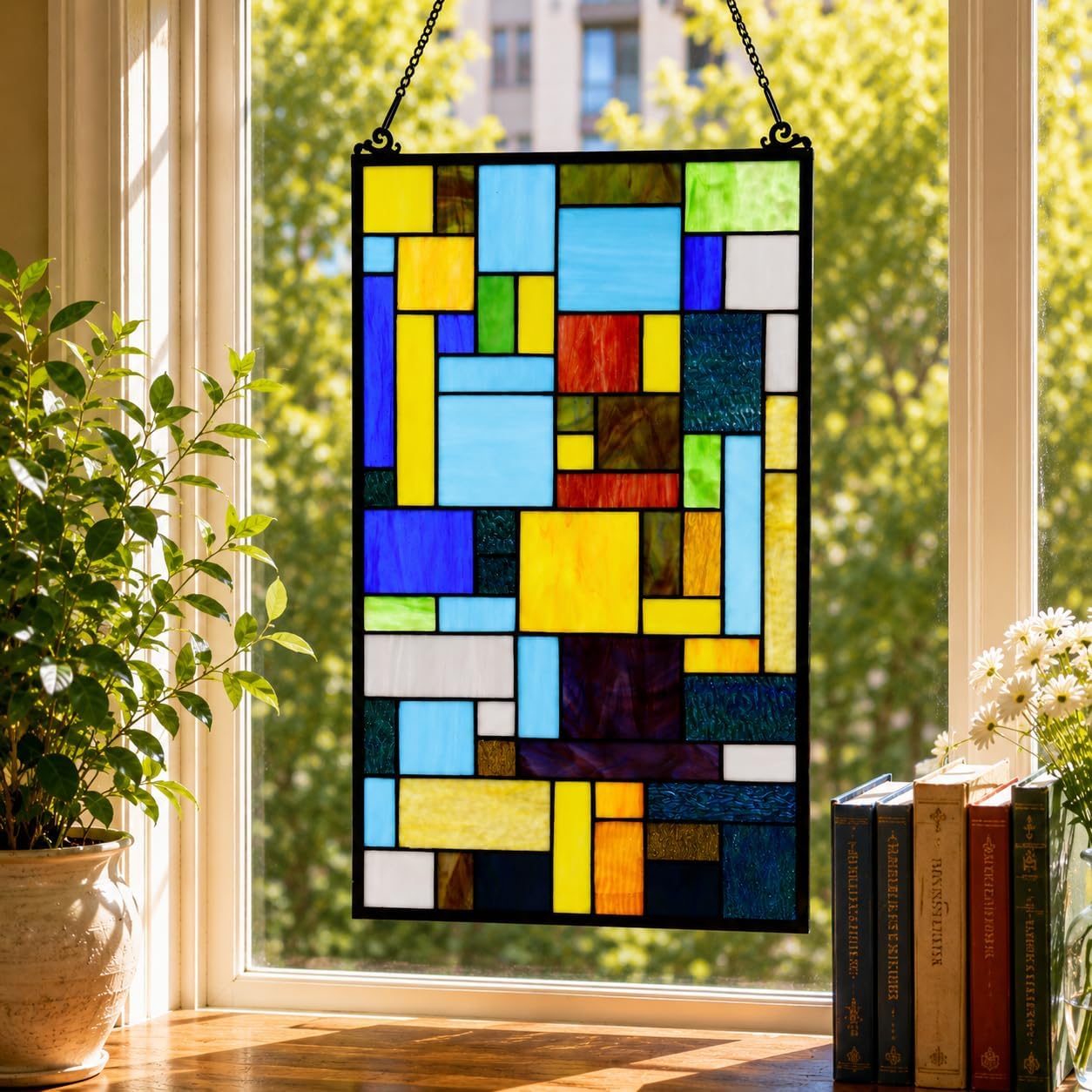 Bieye Geometric Color Block Tiffany Style Stained Glass Window Panel with Hanging Chain (13x24 inches W10090)