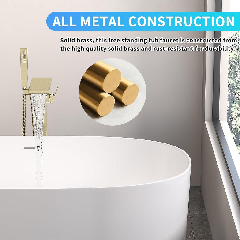 Freestanding Bathtub Faucet with Handheld Spray Single,High Flow Waterfall Bath Shower Faucet,Floor Mount Bathtub Faucet Swivel Flat Waterfall Spout Brushed Gold