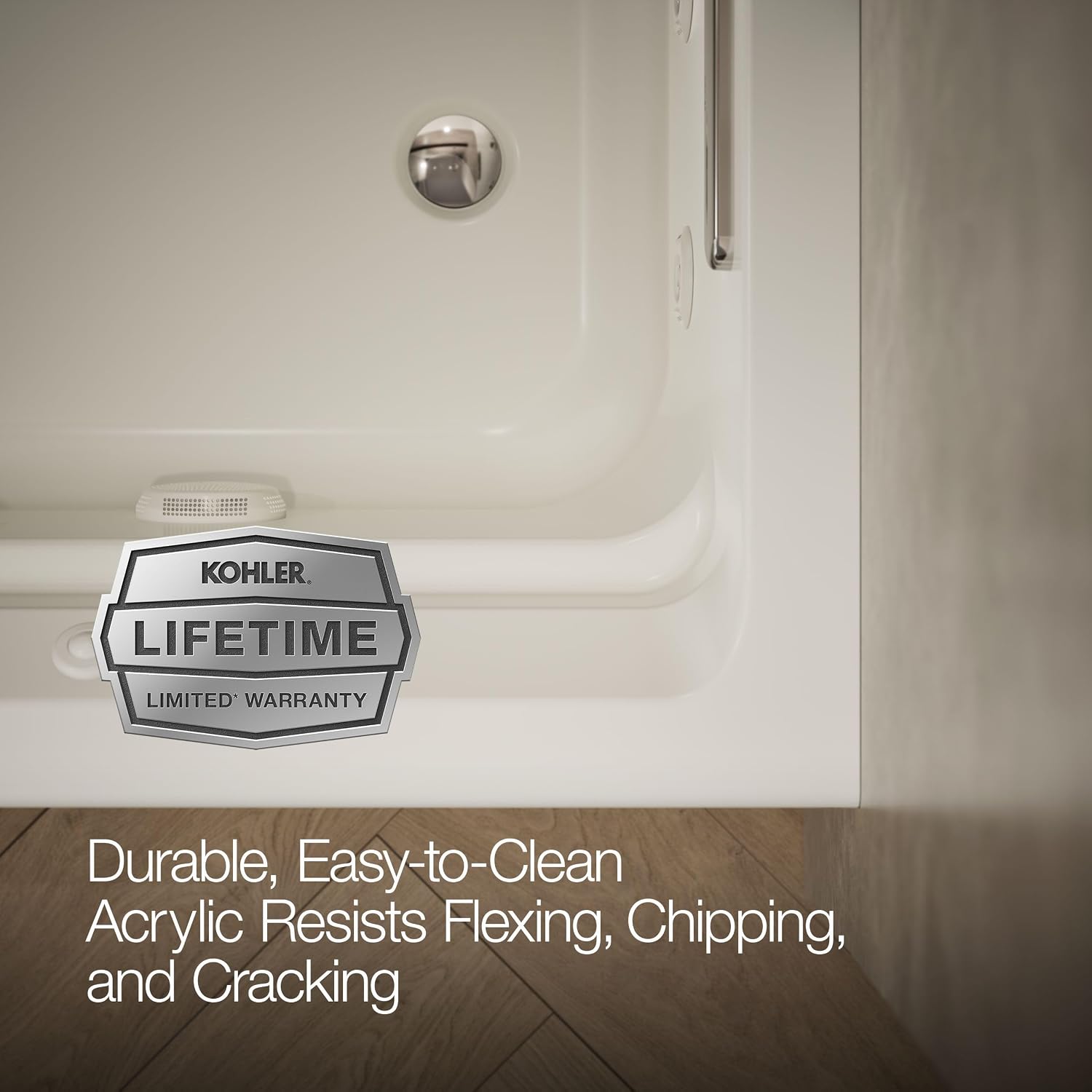 Kohler K-1124-HR-96 Archer 6Ft Whirlpool with Comfort Depth Design, Integral Apron, Right-Hand Drain and Heat, Biscuit