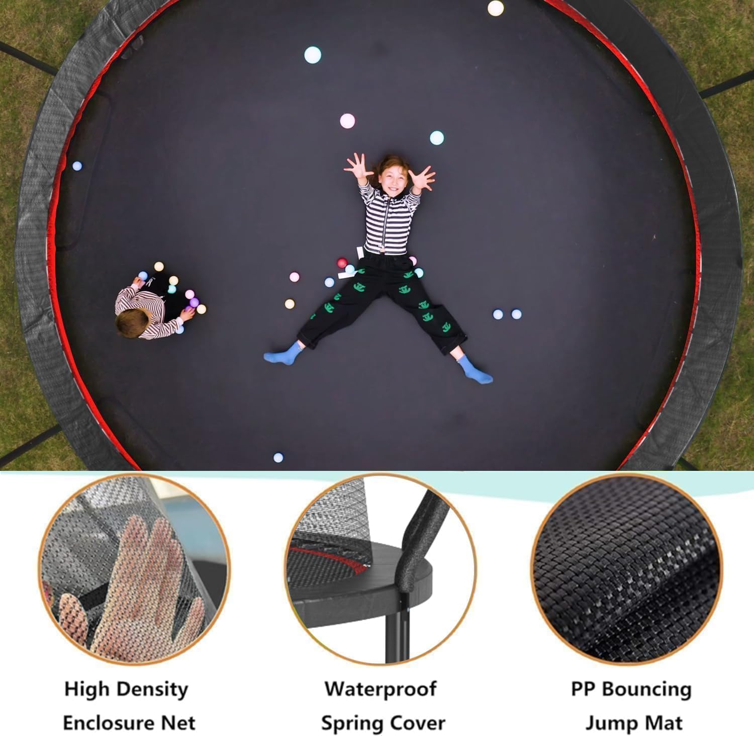 1500LBS 16FT 15FT 14FT 12 FT 10FT 8FT Tranpoline for Kids and Adults with Sprinkler, Lights with Music Speaker, Socks, Water Ball, Heavy Duty Outdoor Tranpoline with Net Enclosure and Ladder